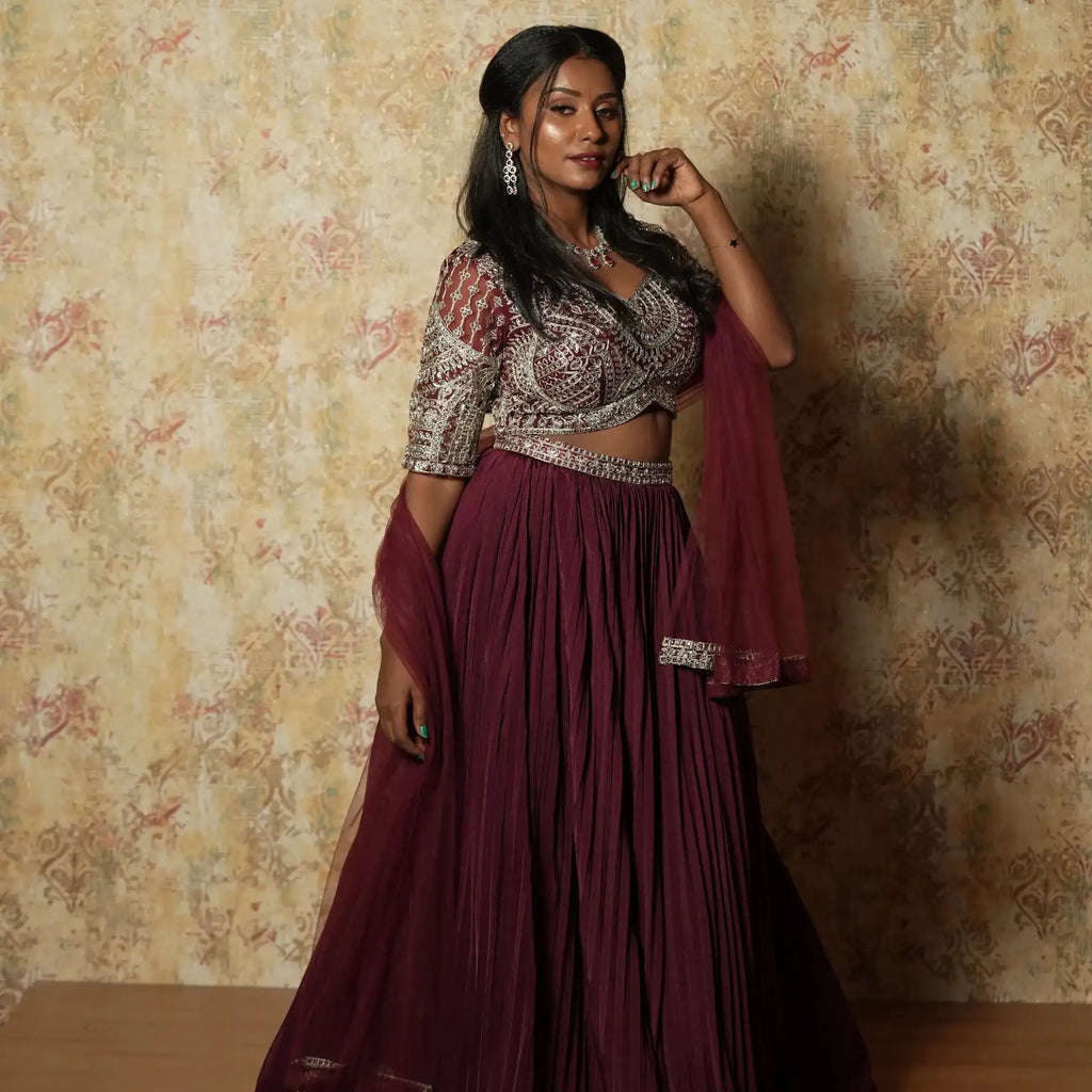 party wear maroon lehenga rental kerala