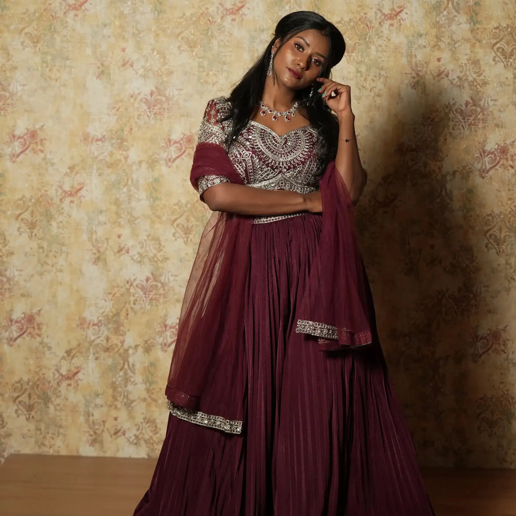 maroon designer crop top lehenga rental kerala