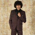 Maroon wedding suit rental with black satin-style lapel