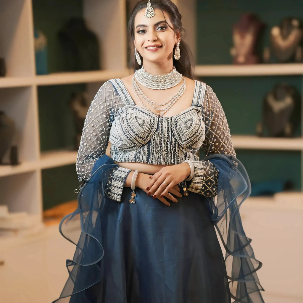 designer crop top lehenga wedding outfit rentals navy