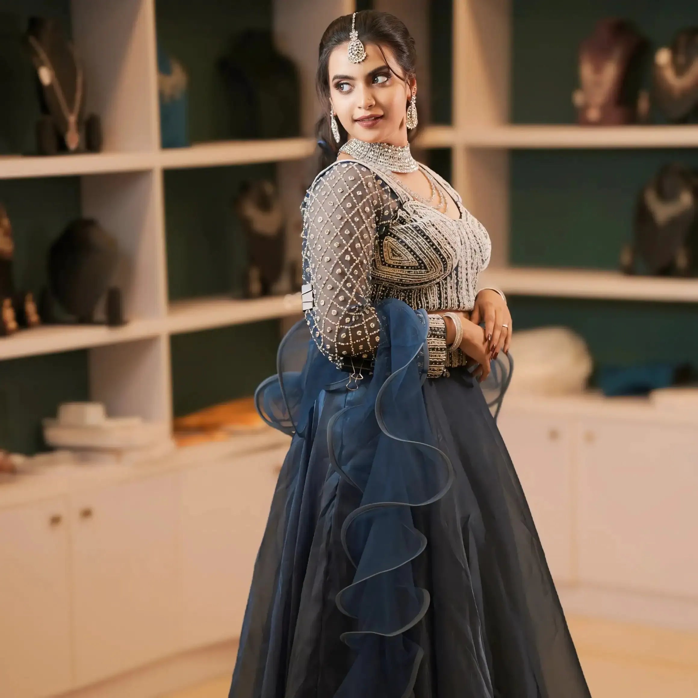 blue bridal lehenga wedding clothes rental kerala