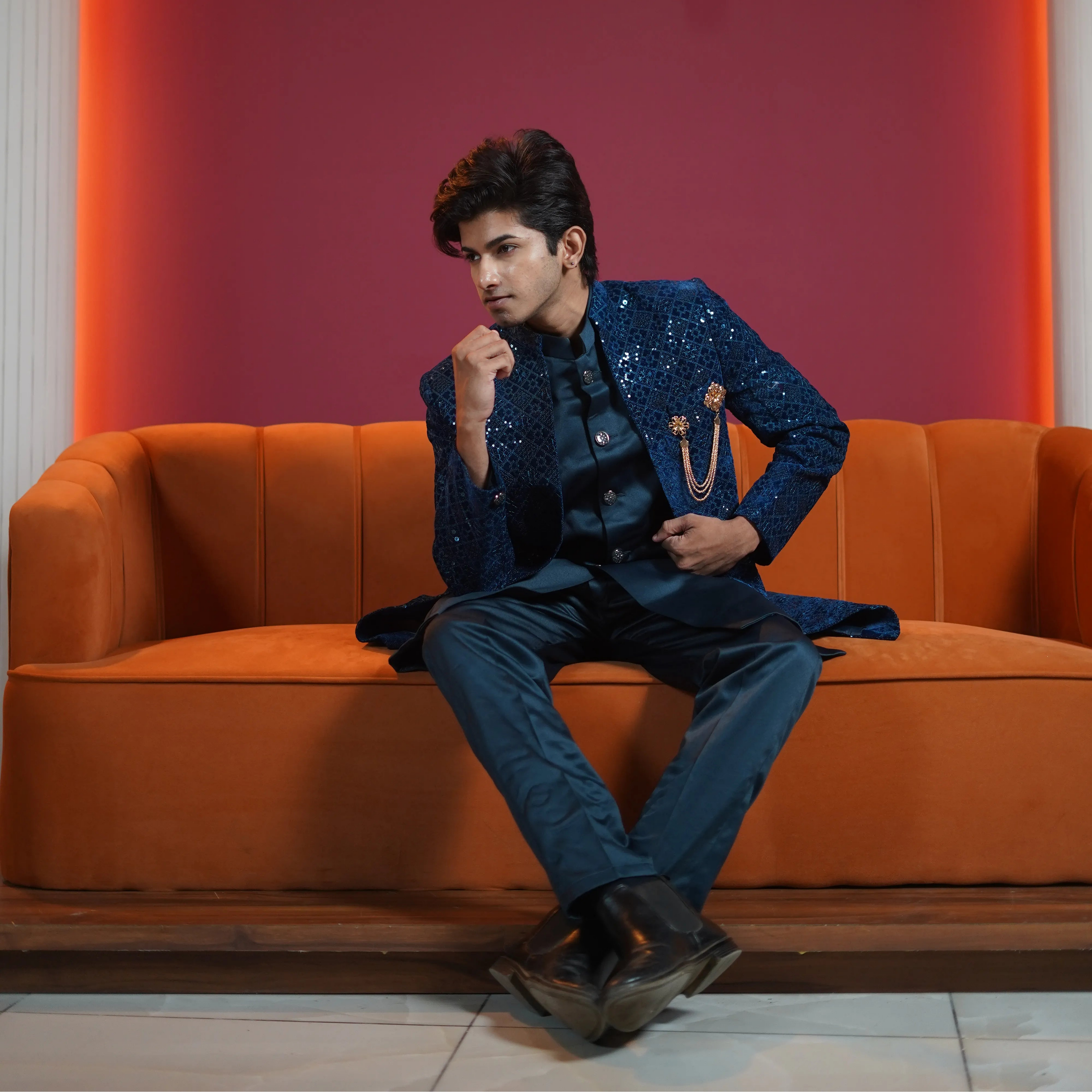 Royal blue groom Indo-western outfit available on rent at Posh Wedding Rentals Kerala.
