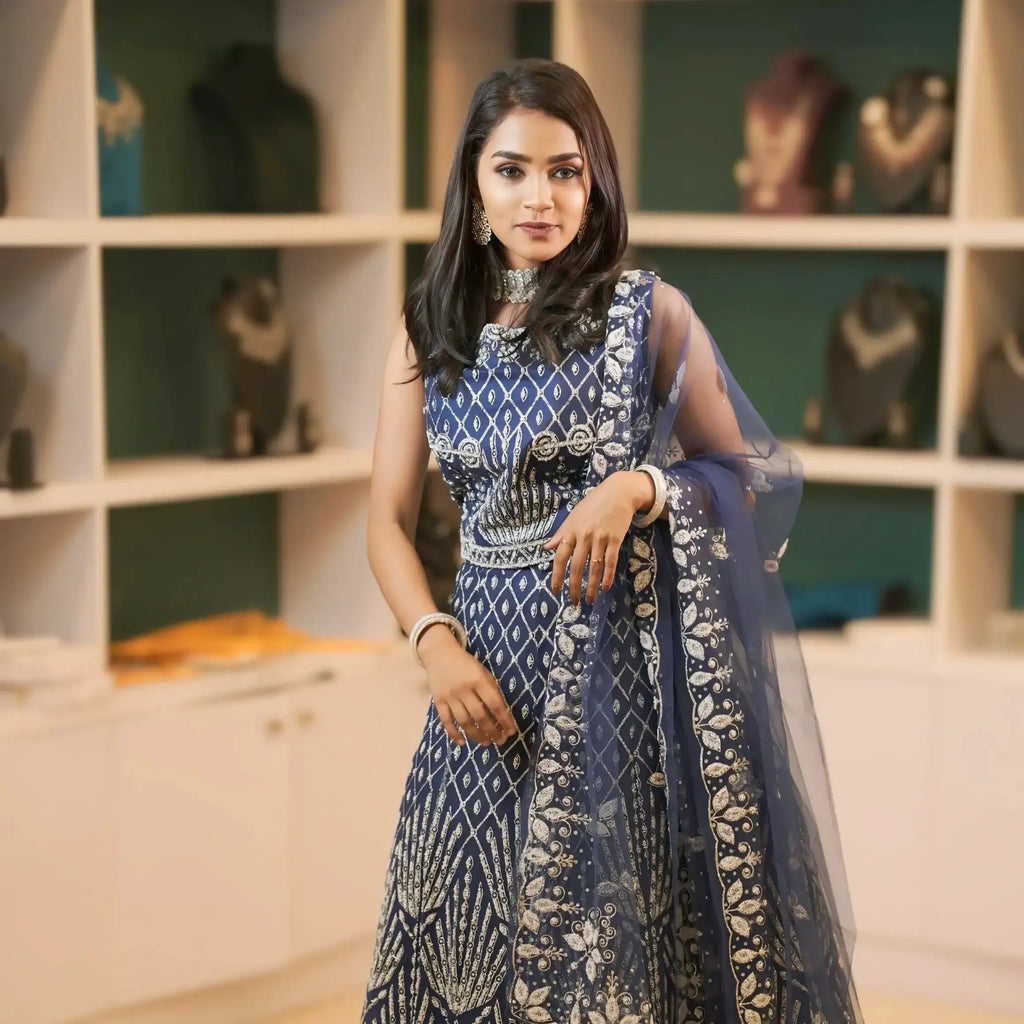 navy blue embroidered lehenga wedding dress rental kerala