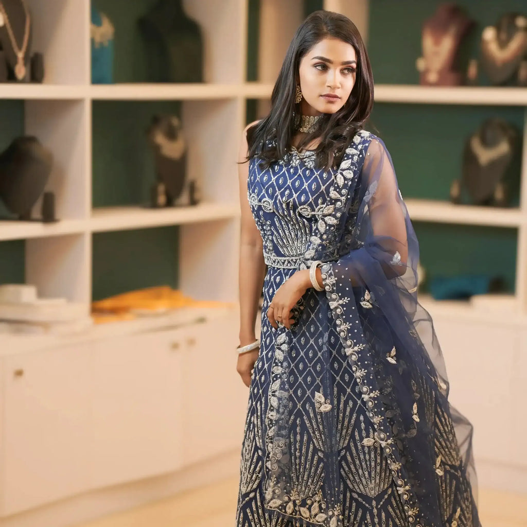 blue lehenga wedding clothes rental kerala embroidered
