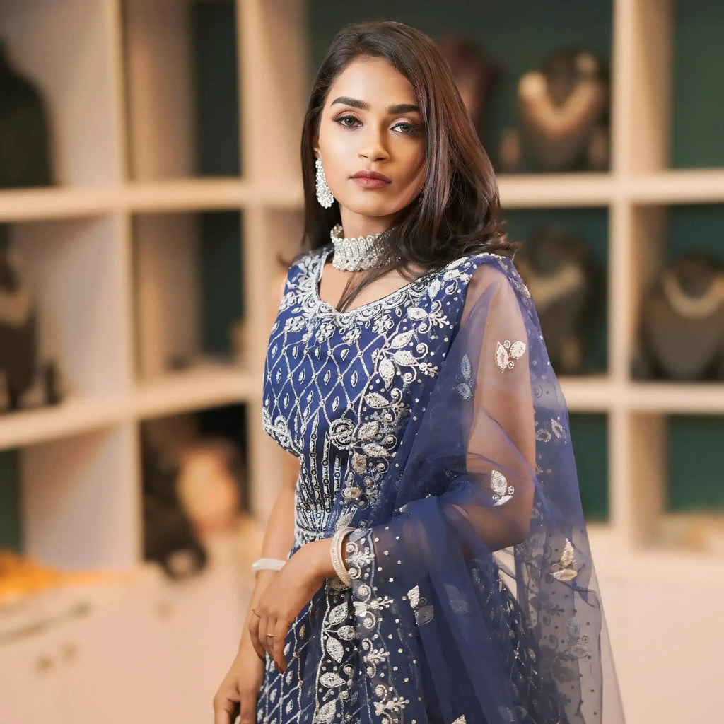 navy bridal lehenga rental kerala designer wear