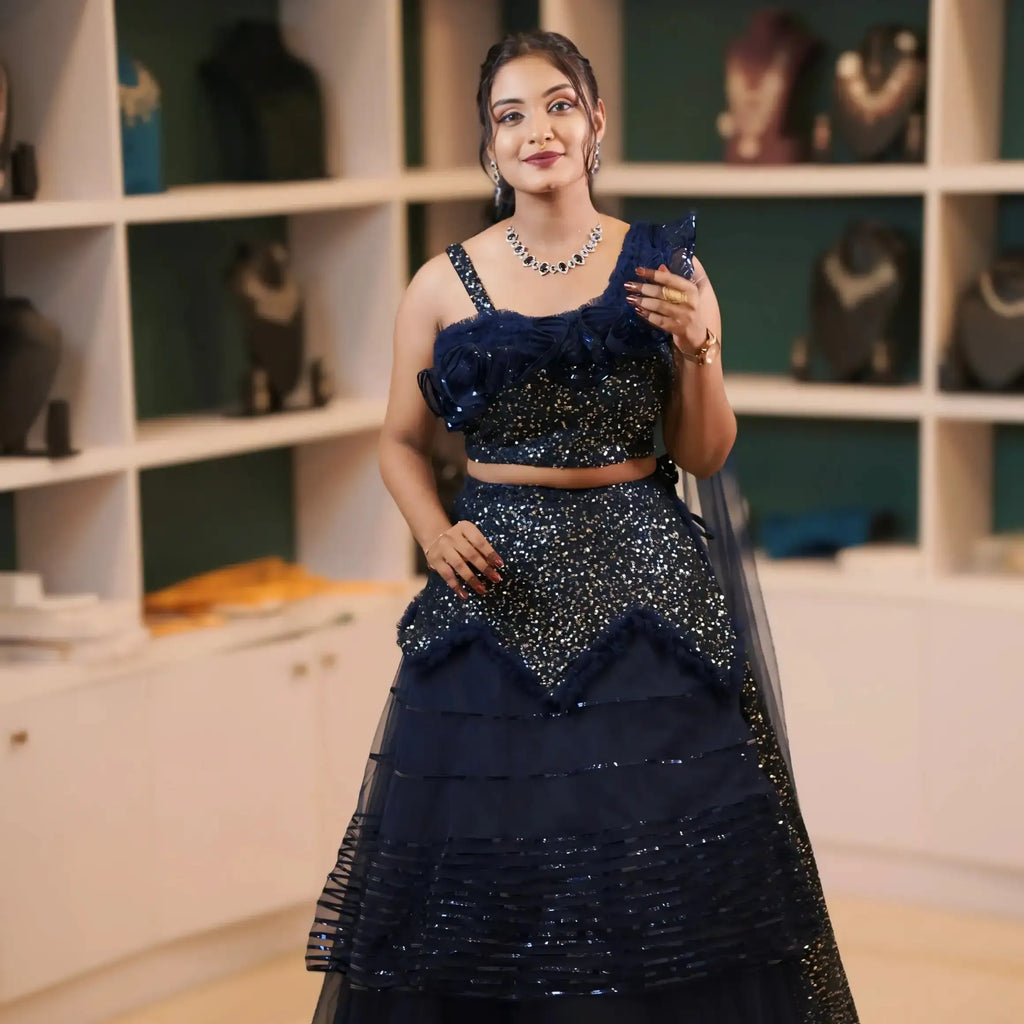 navy blue sequin crop top lehenga rental kerala