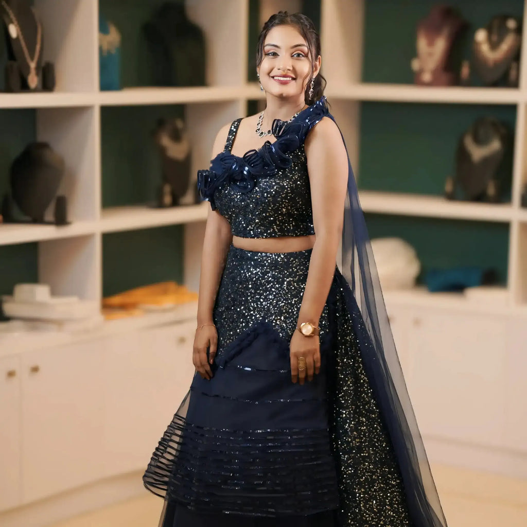 crop top lehenga rental near me navy blue