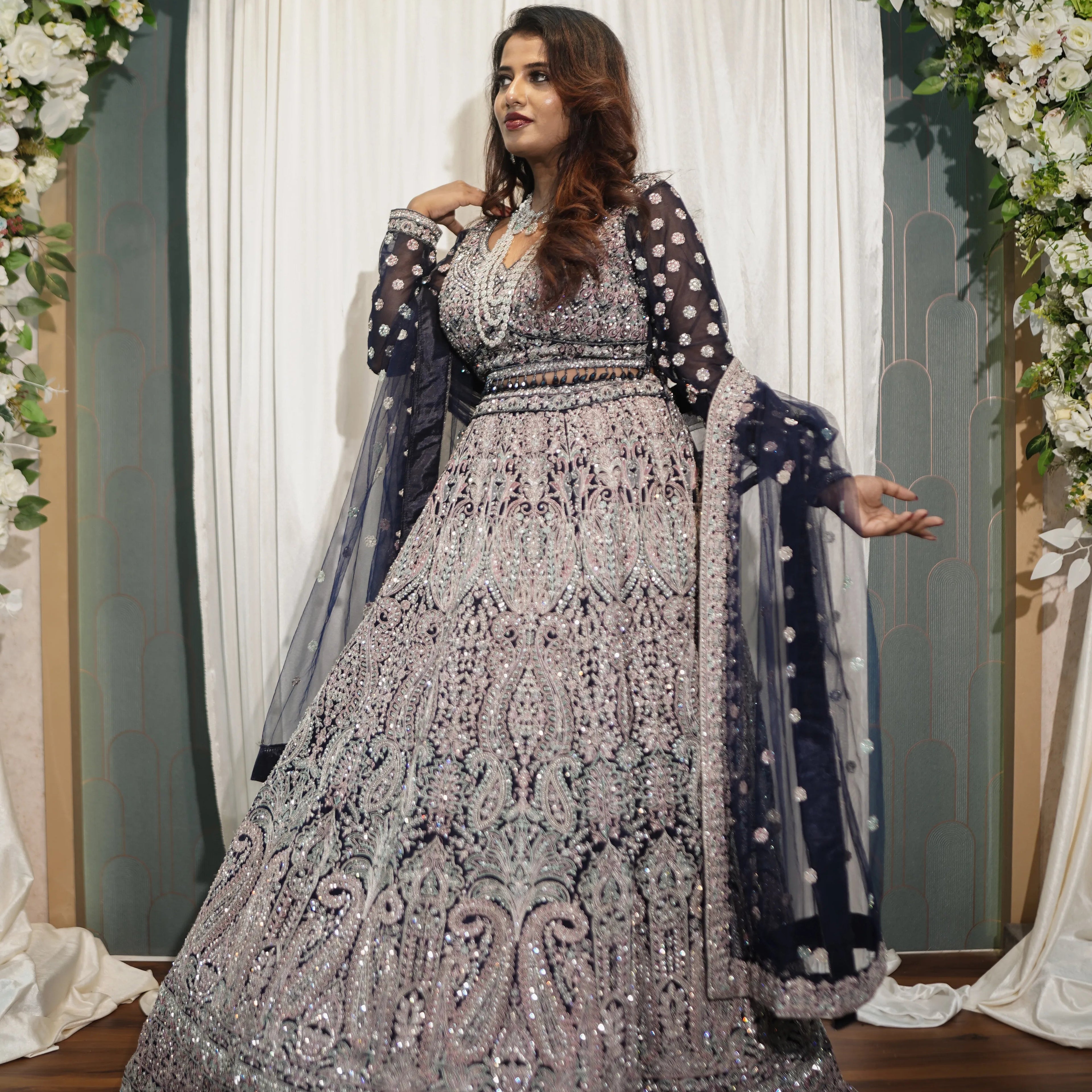 Navy Blue & Silver Heavy Bridal Lehenga.