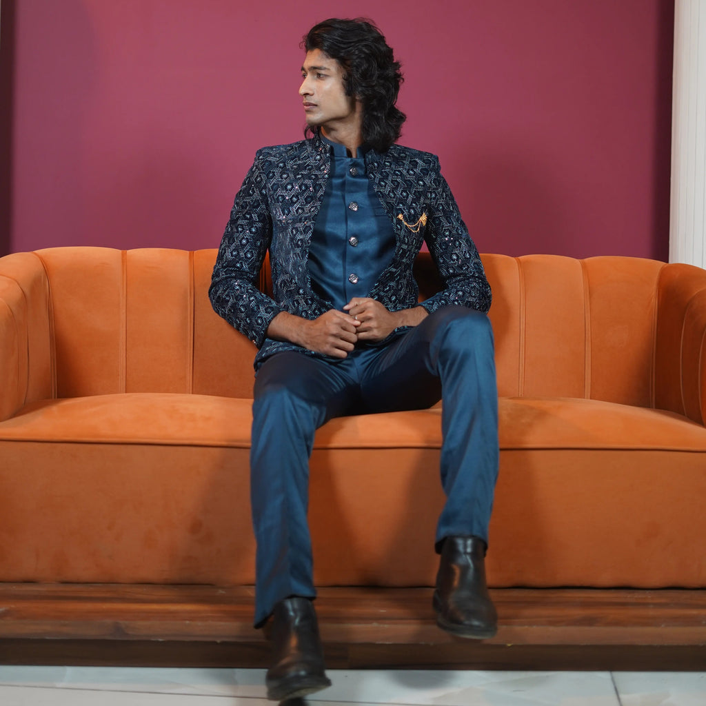 Navy Blue Designer Indo-Western Jodhpuri Suit