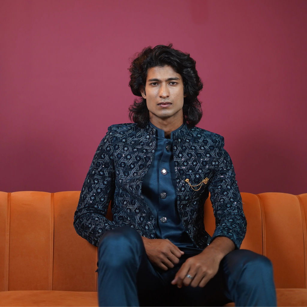 Navy Blue Designer Indo-Western Jodhpuri Suit
