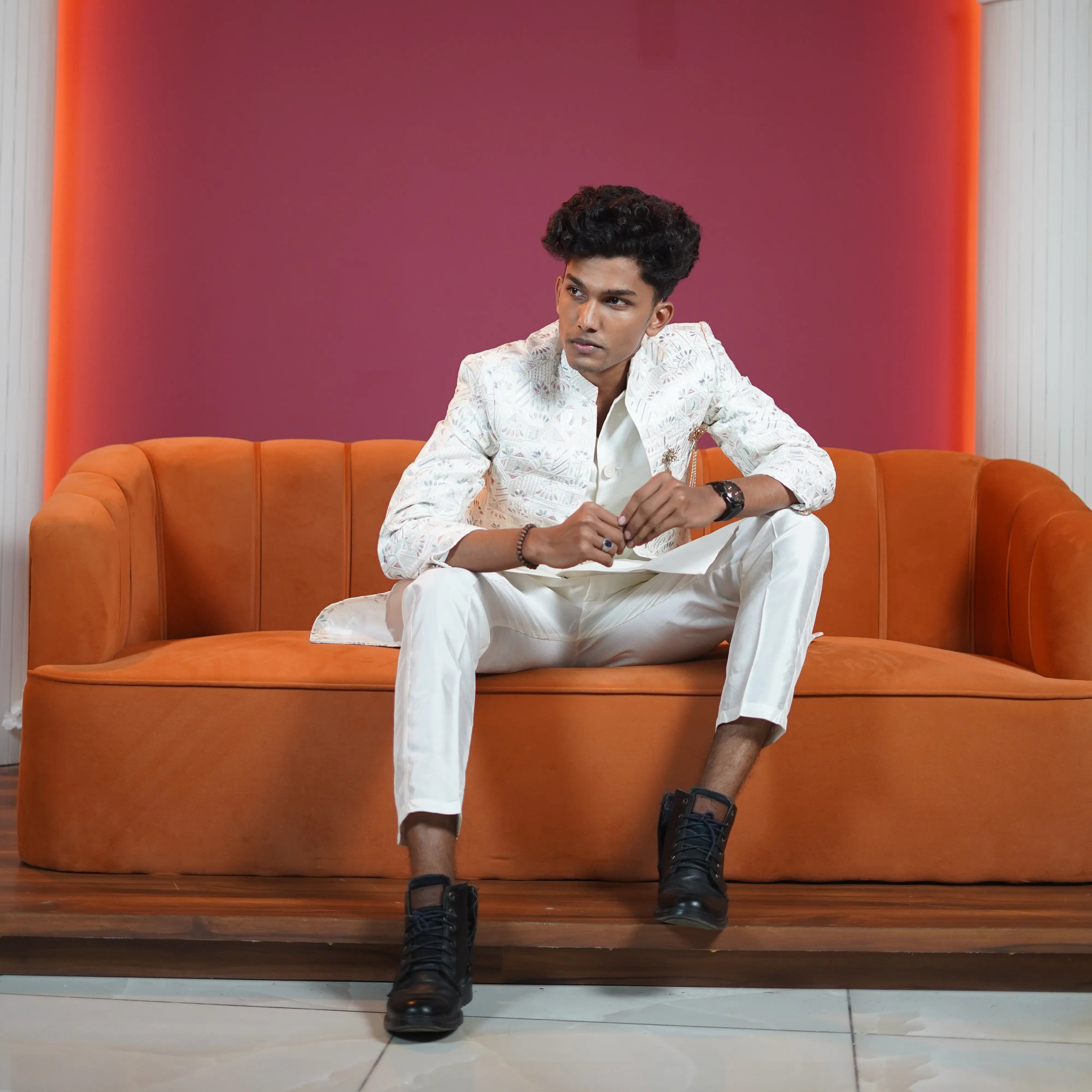 Ivory floral designer sherwani for groom available for rent at Posh Wedding Rental Kerala wedding dress rental