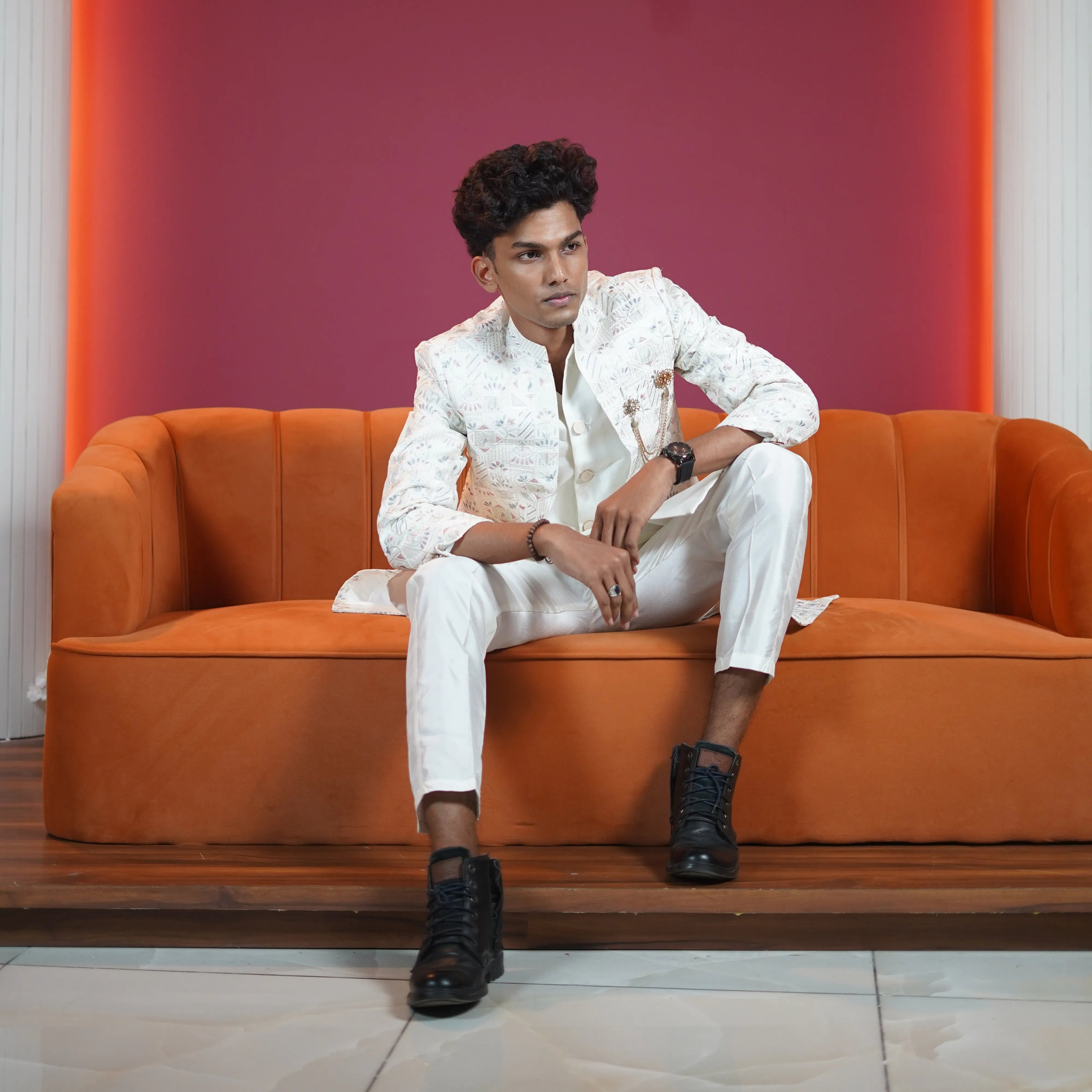 Ivory floral designer sherwani for groom available for rent at Posh Wedding Rental Kerala wedding dress rental