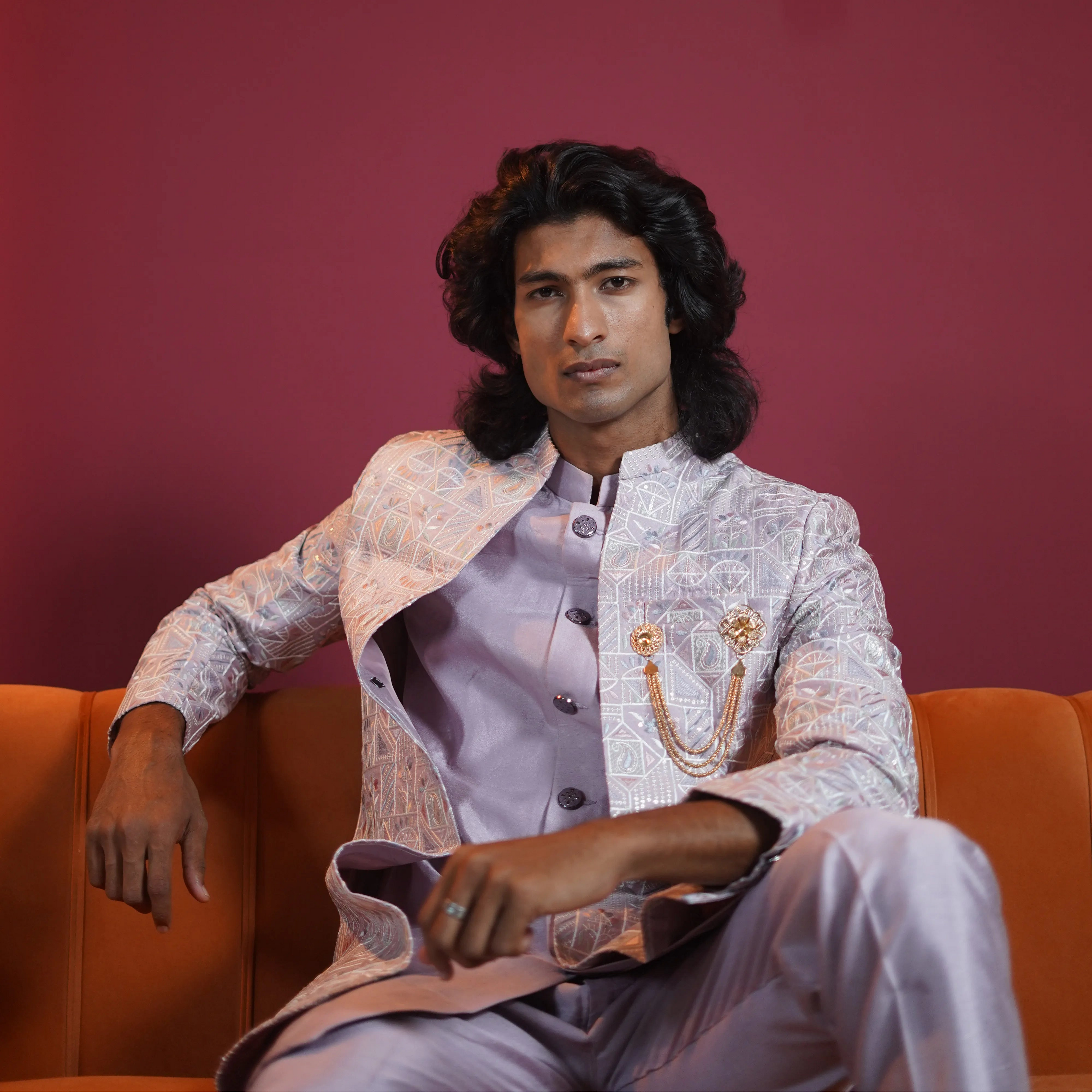 Light lavender embroidered groom Indo-Western available on rent at Posh Wedding Rentals Kerala.