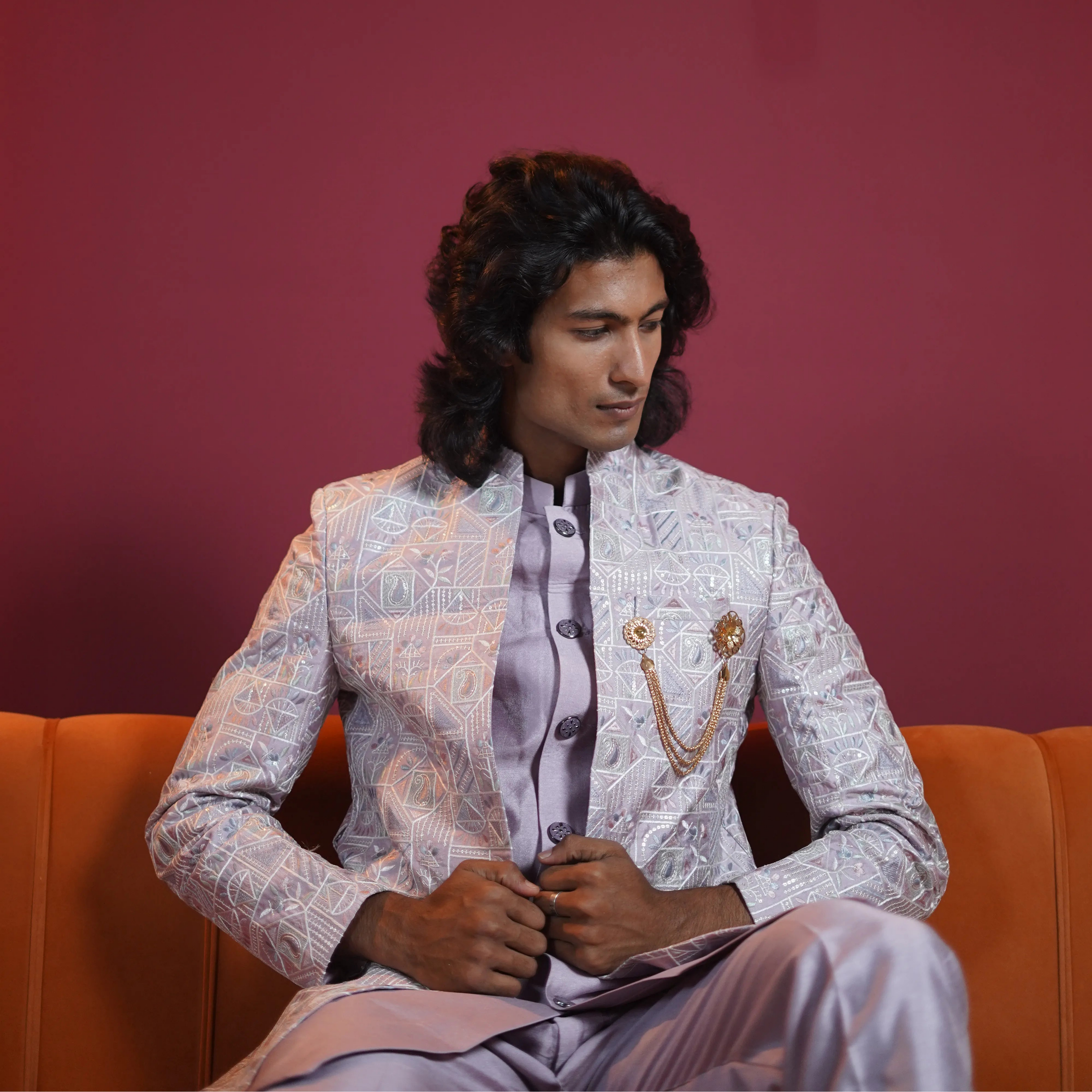Light lavender embroidered groom Indo-Western available on rent at Posh Wedding Rentals Kerala.