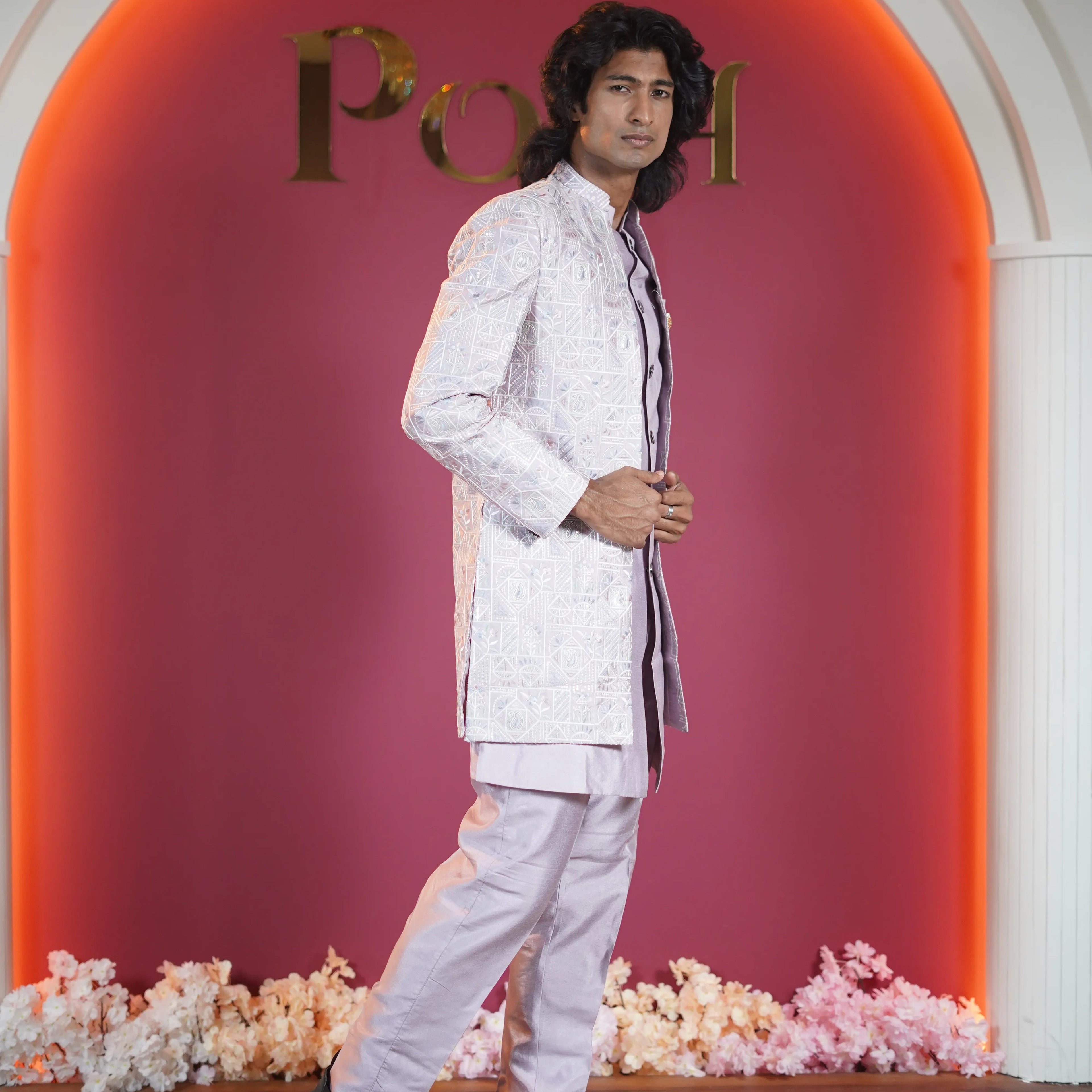 Light lavender embroidered groom Indo-Western available on rent at Posh Wedding Rentals Kerala.