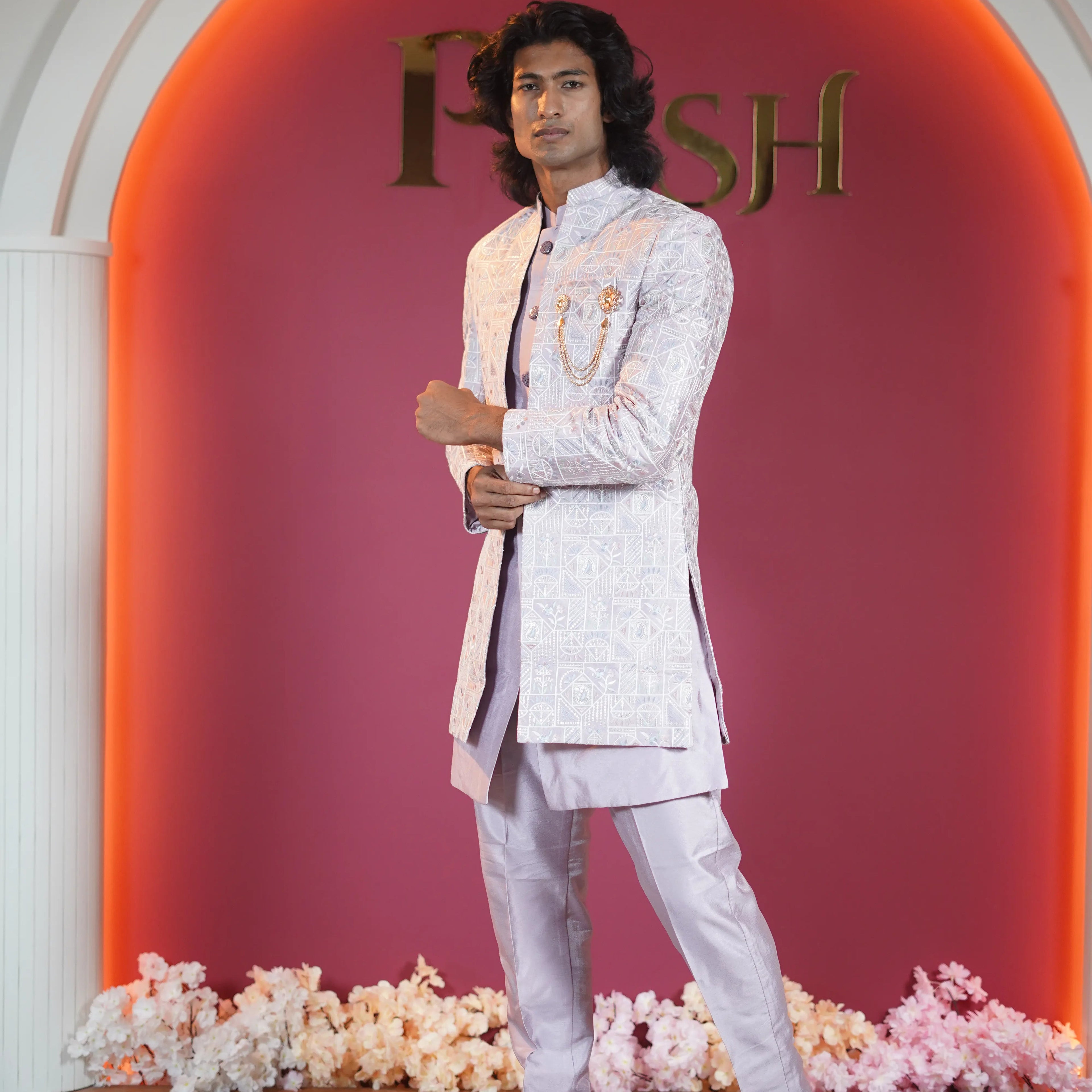 Light lavender embroidered groom Indo-Western available on rent at Posh Wedding Rentals Kerala.