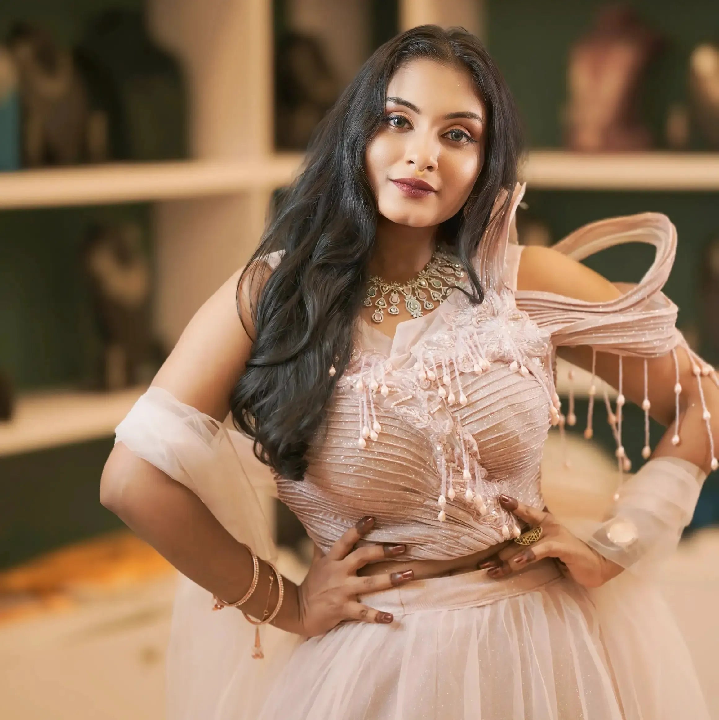 strapless open back dress Pastel Pink Lehenga Rental Kerala