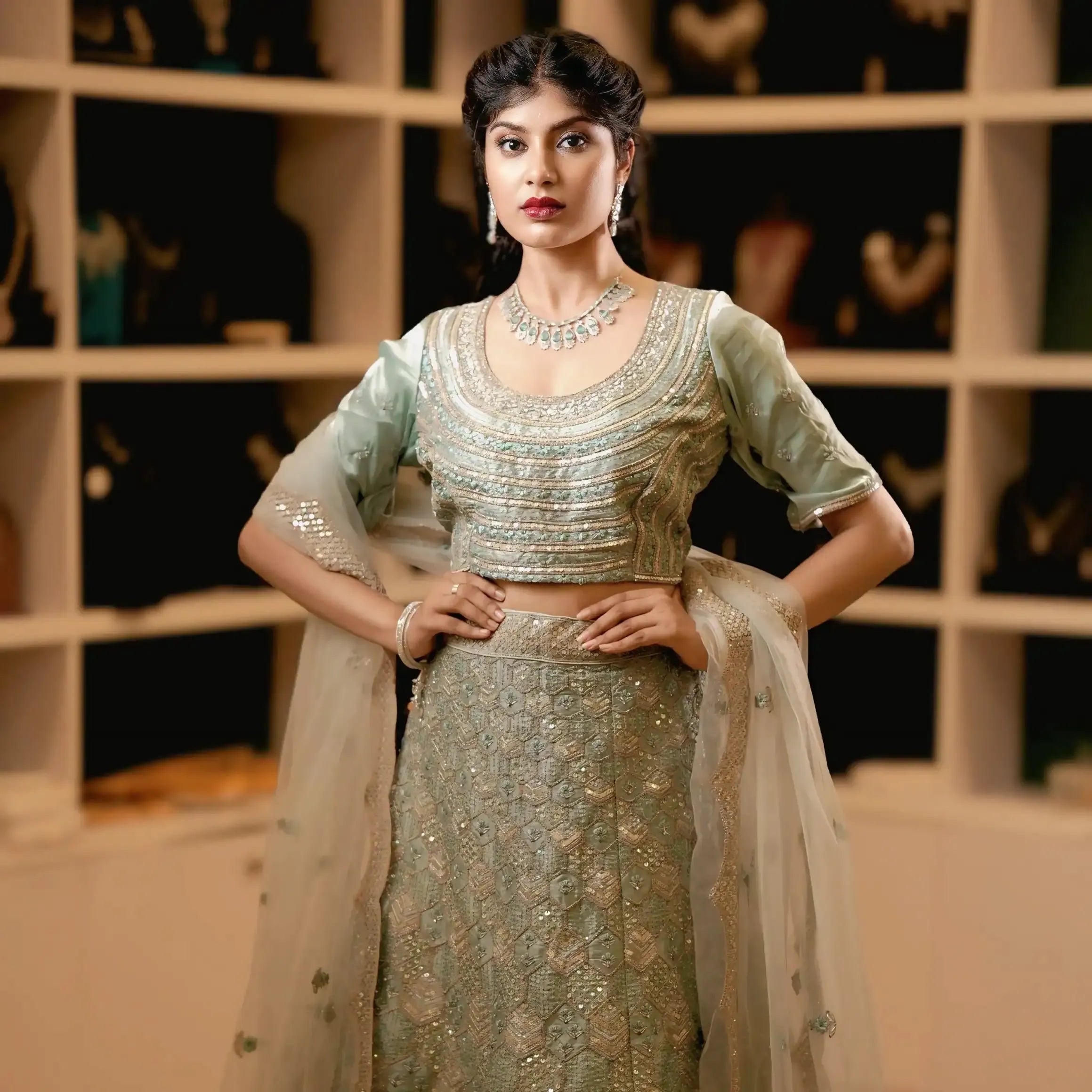 Sage Green Lehenga Rental Kerala