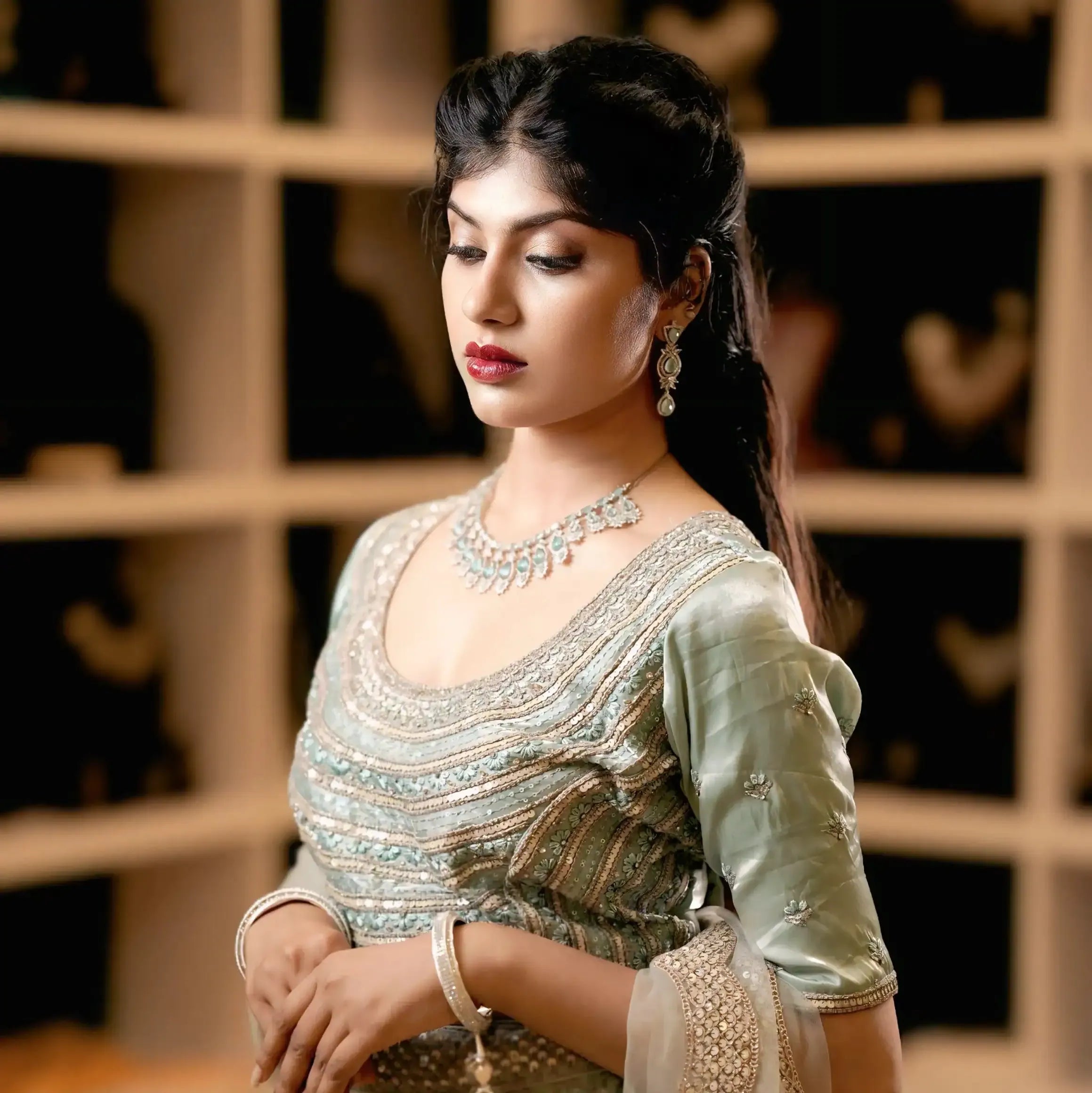 designer lehenga wedding attire rental kerala sage green