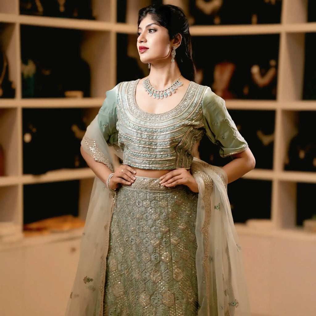 green lehenga wedding clothes rental elegant look