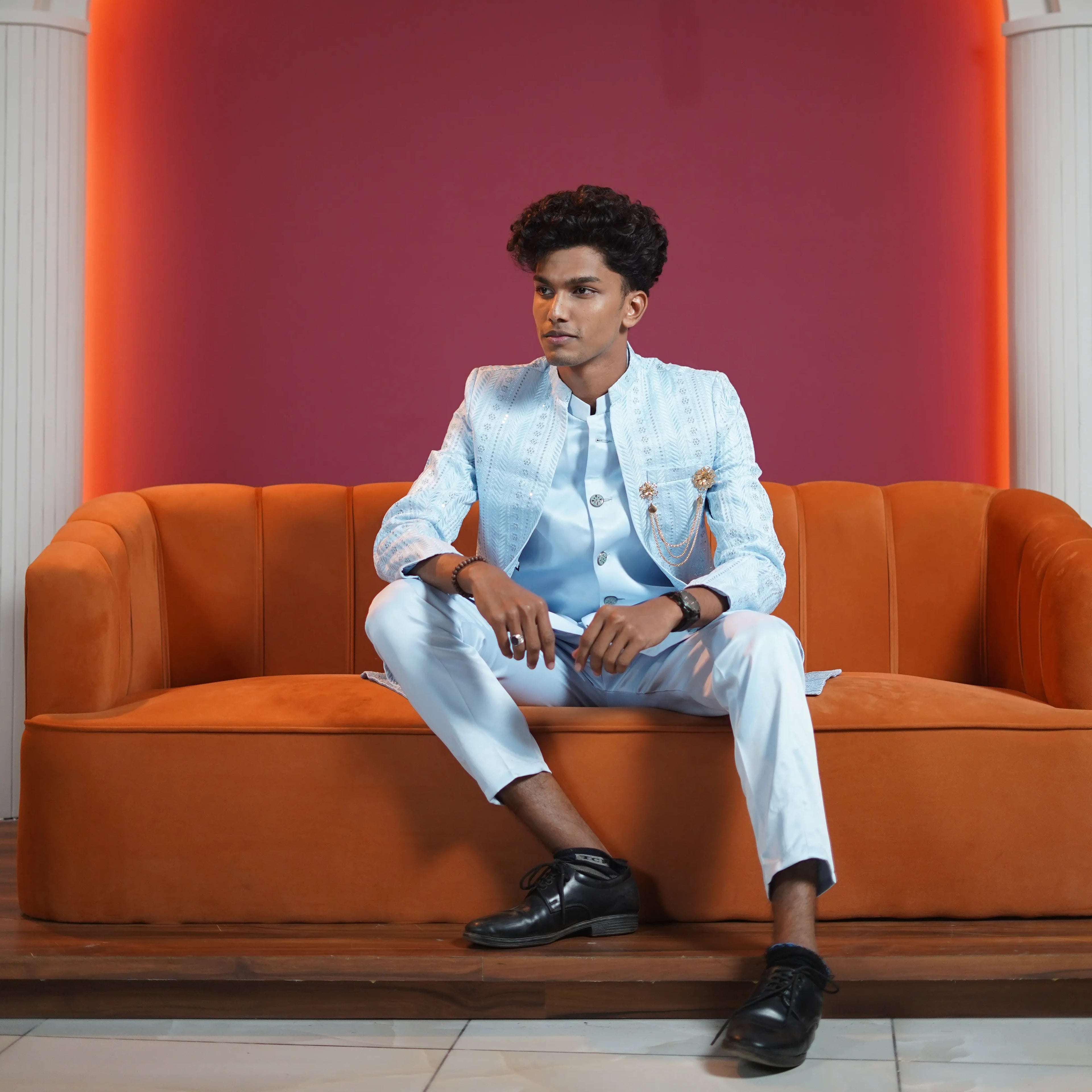 Pastel blue designer sherwani for groom available at Posh Wedding Rental Kerala wedding sherwani rental