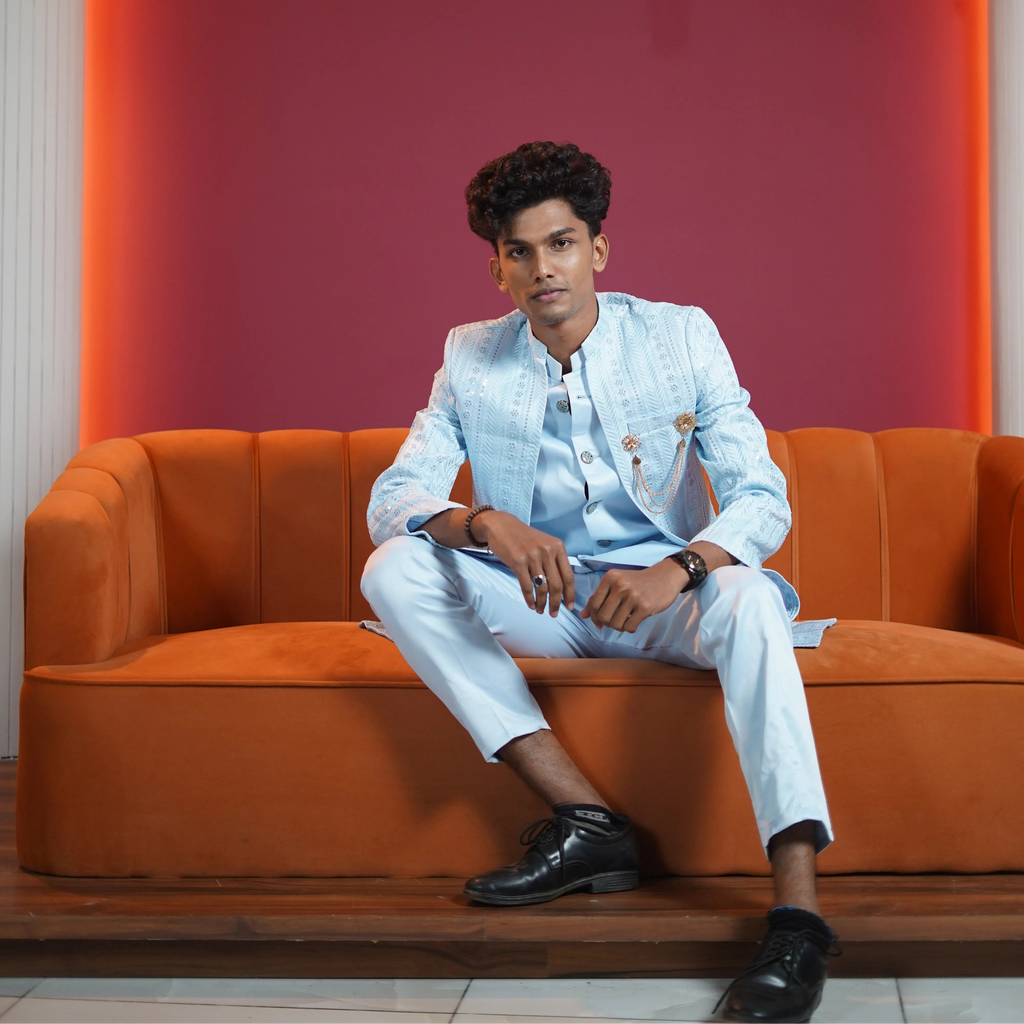 Pastel blue designer sherwani for groom available at Posh Wedding Rental Kerala wedding sherwani rental