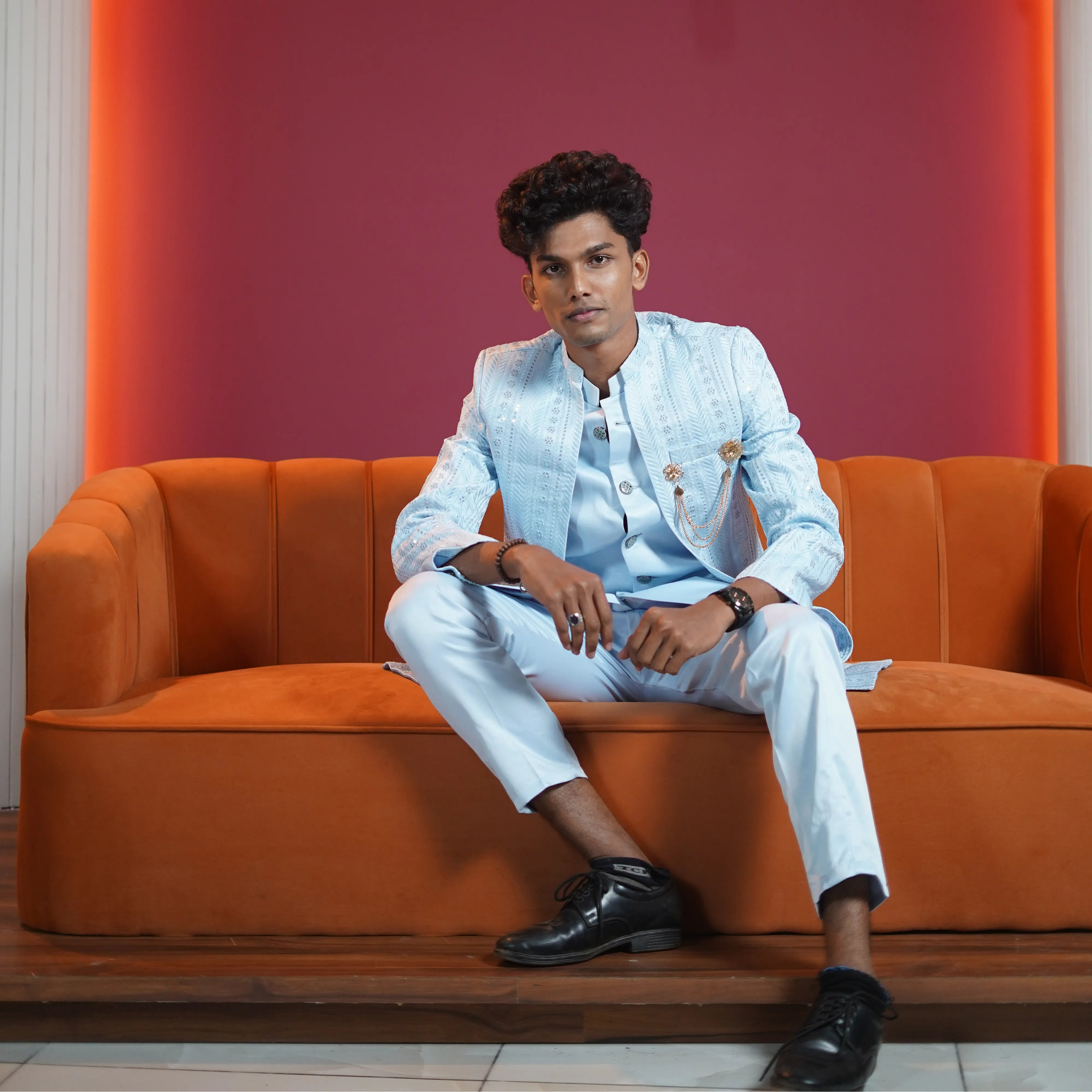 Pastel blue designer sherwani for groom available at Posh Wedding Rental Kerala wedding sherwani rental