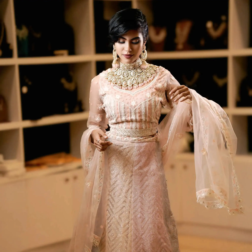 peach bridal lehenga rental kerala designer wear