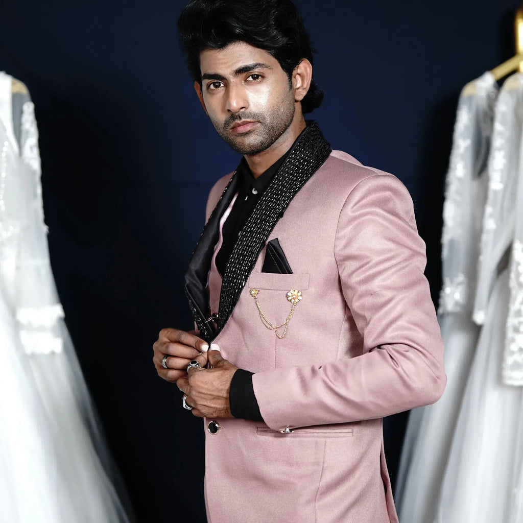 Pink Indo-Western groom suit with black lapel