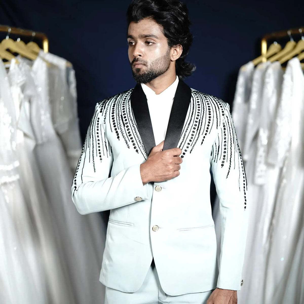 Pista green wedding suit with designer embellishment