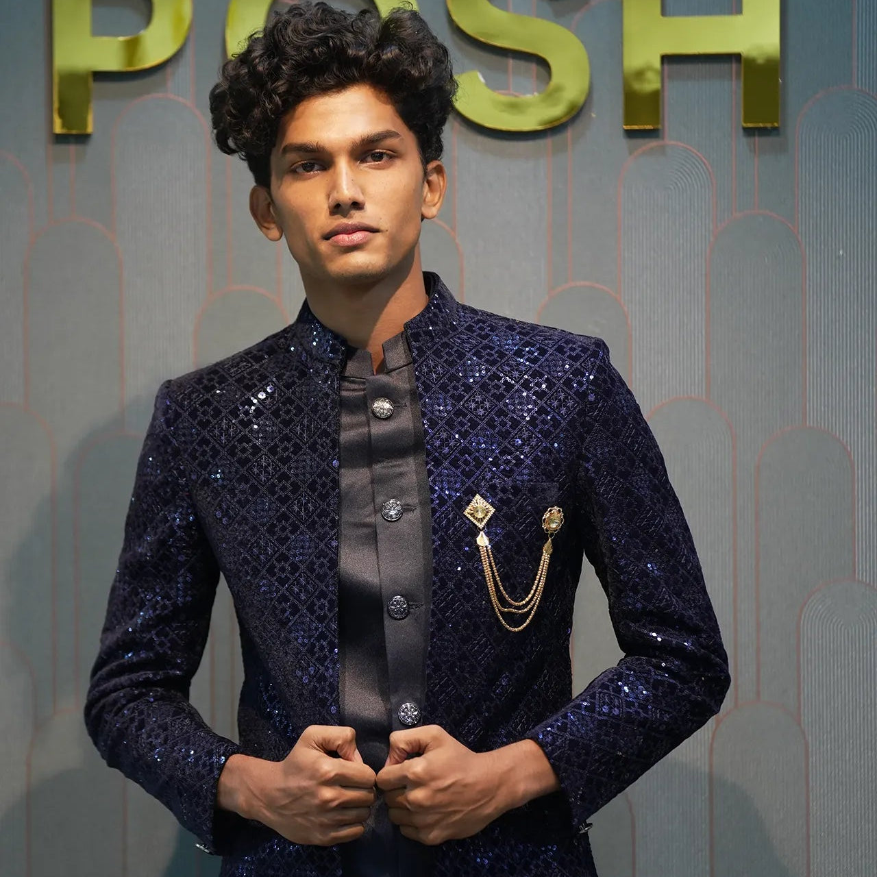 Navy Blue Embroidered Groom Sherwani