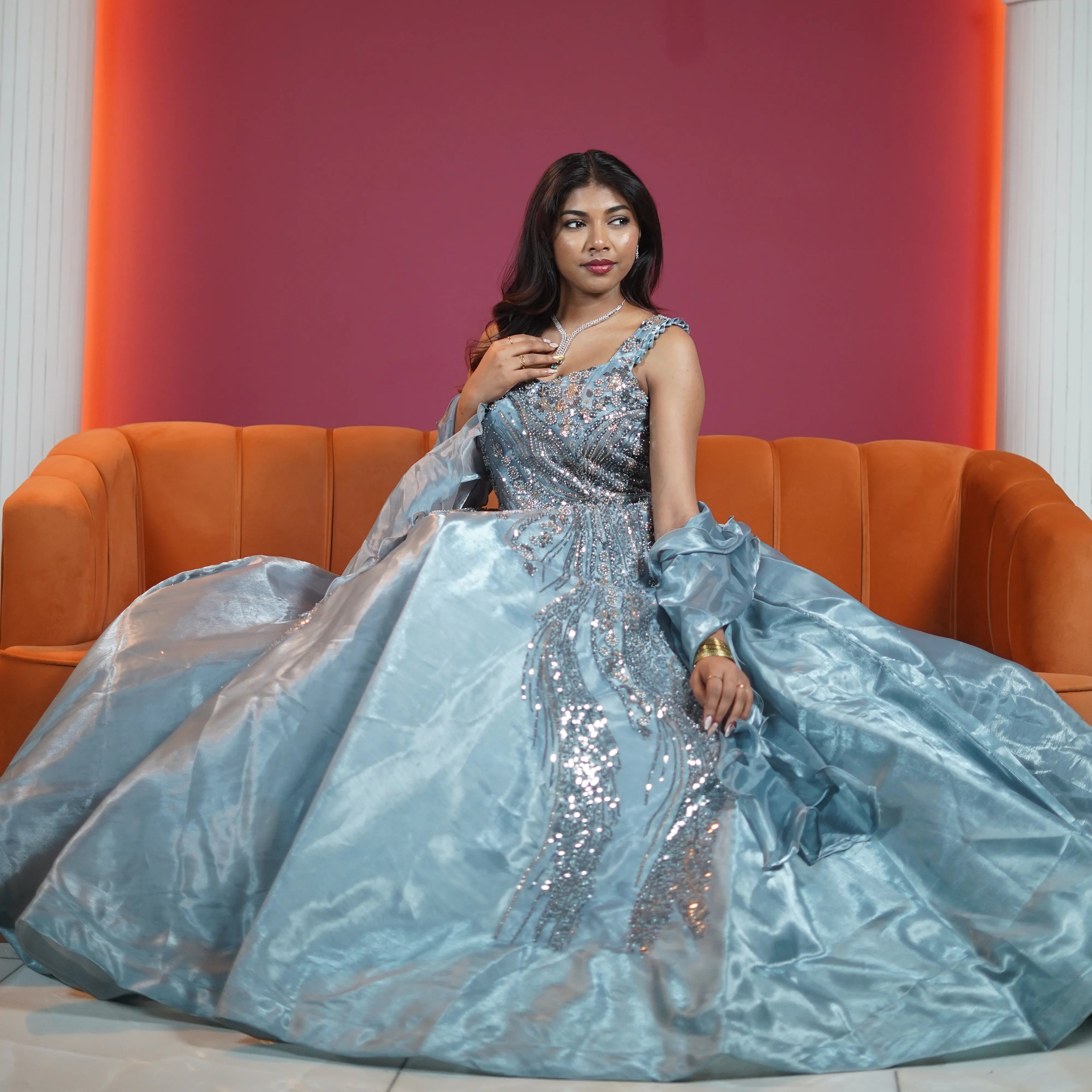 ice blue designer ball gown with sequin embroidery available at Posh Wedding Rental Kerala gown rental