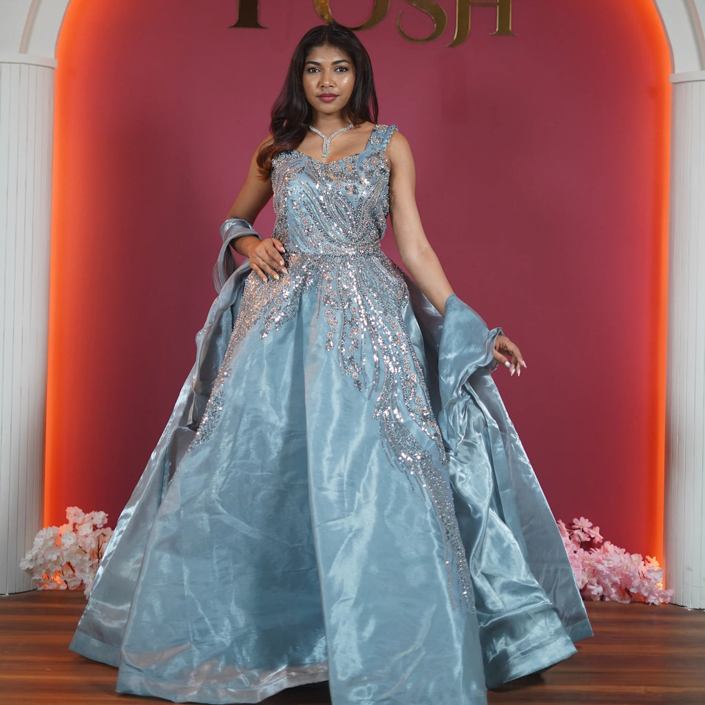 ice blue designer ball gown with sequin embroidery available at Posh Wedding Rental Kerala gown rental