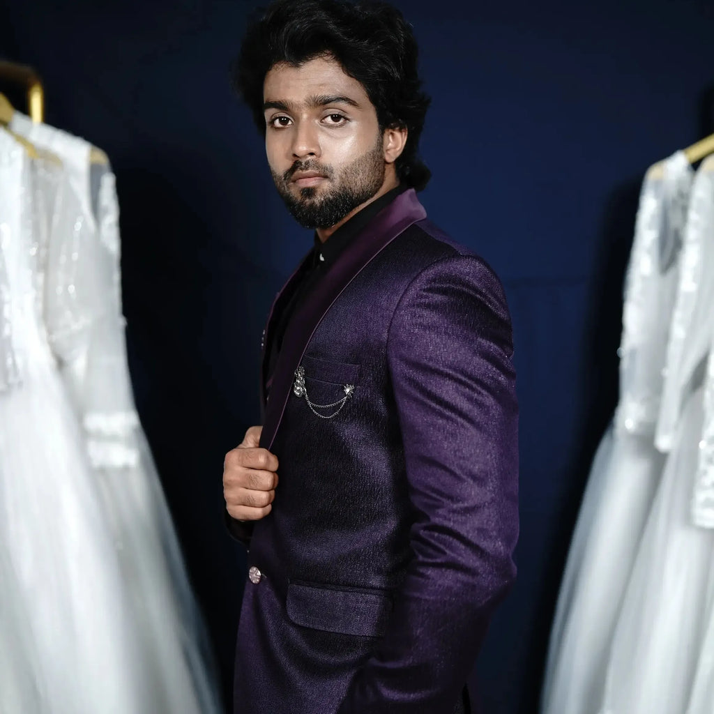 Purple designer wedding suit with satin shawl lapel