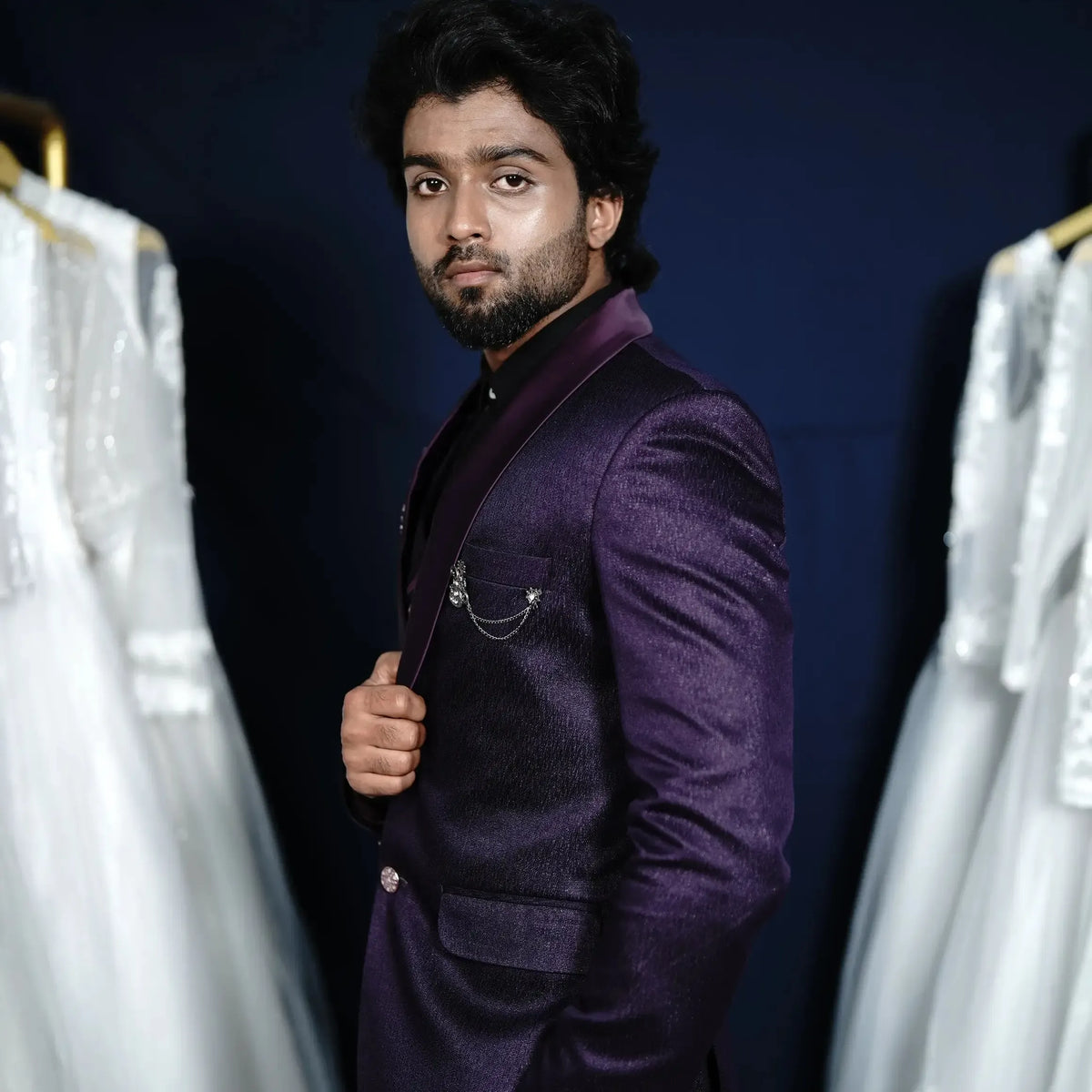 Purple designer wedding suit with satin shawl lapel