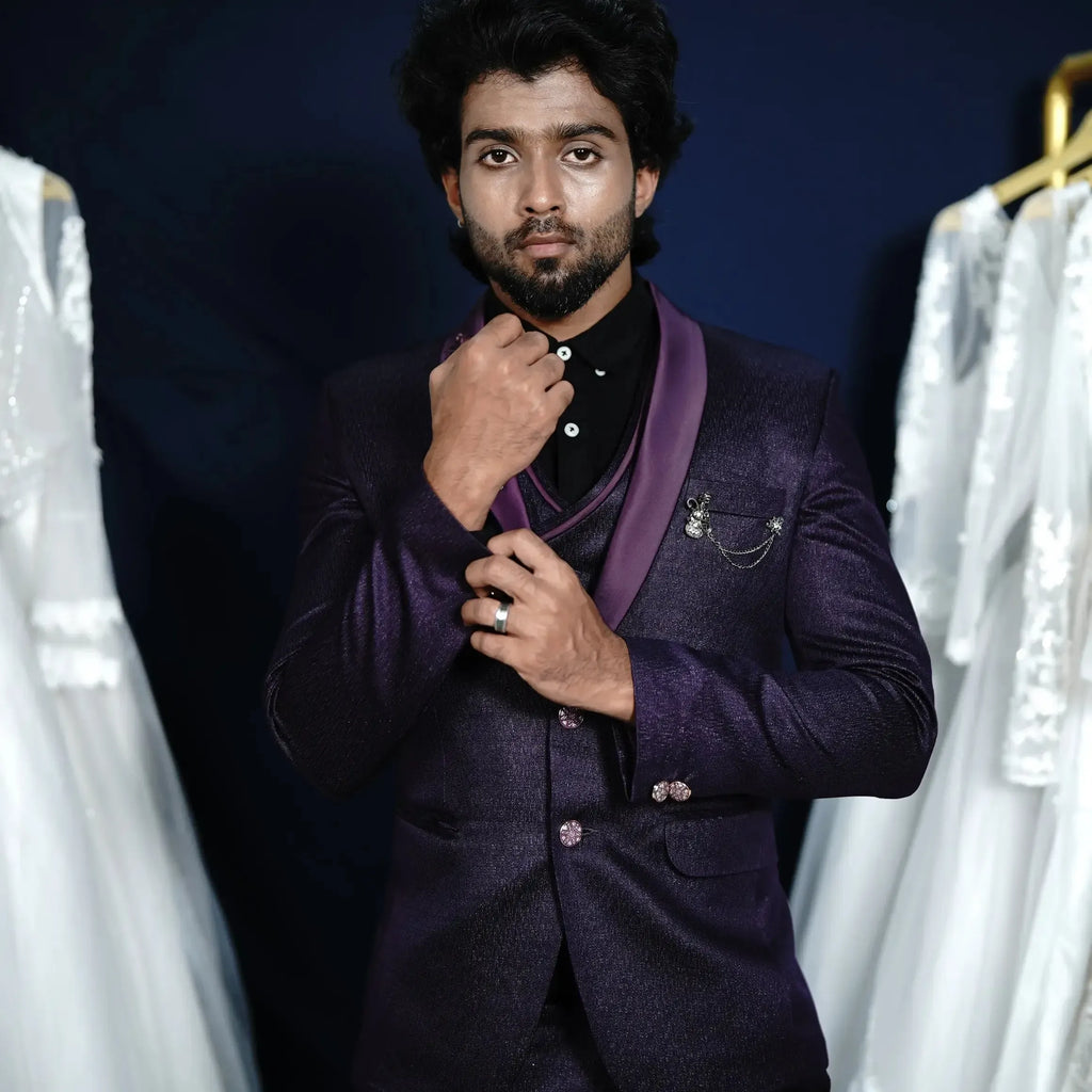 Purple groom suit for wedding reception
