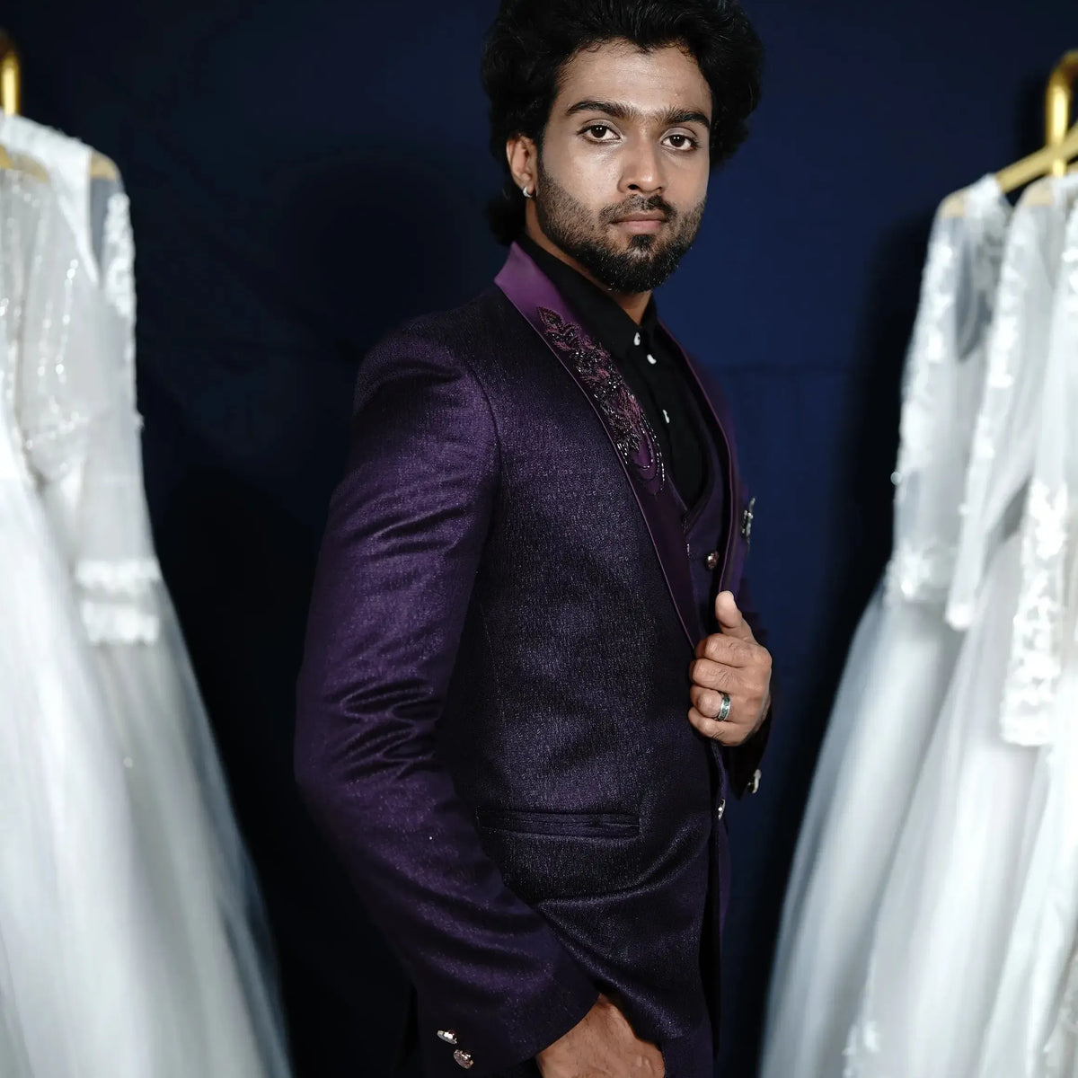 Purple wedding suit rental with pocket chain