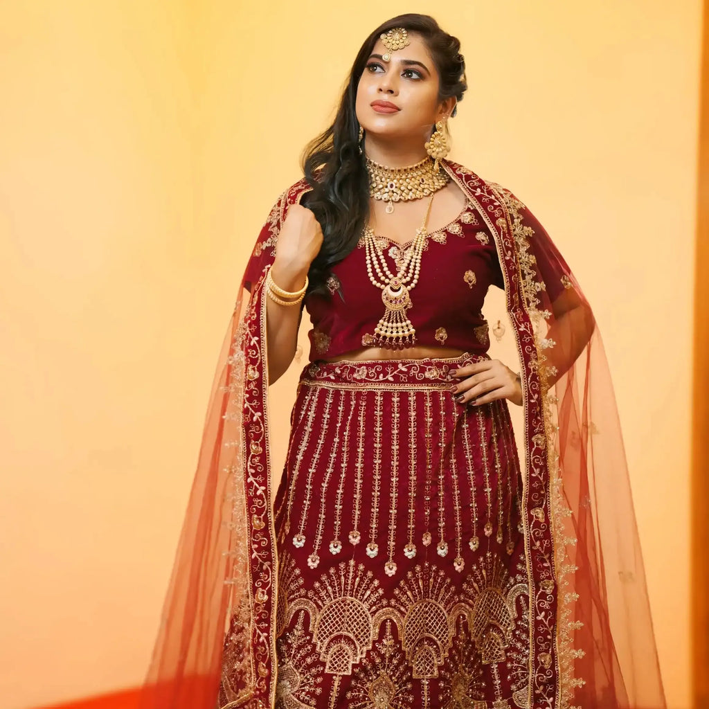 velvet bridal lehenga wedding outfit rentals maroon