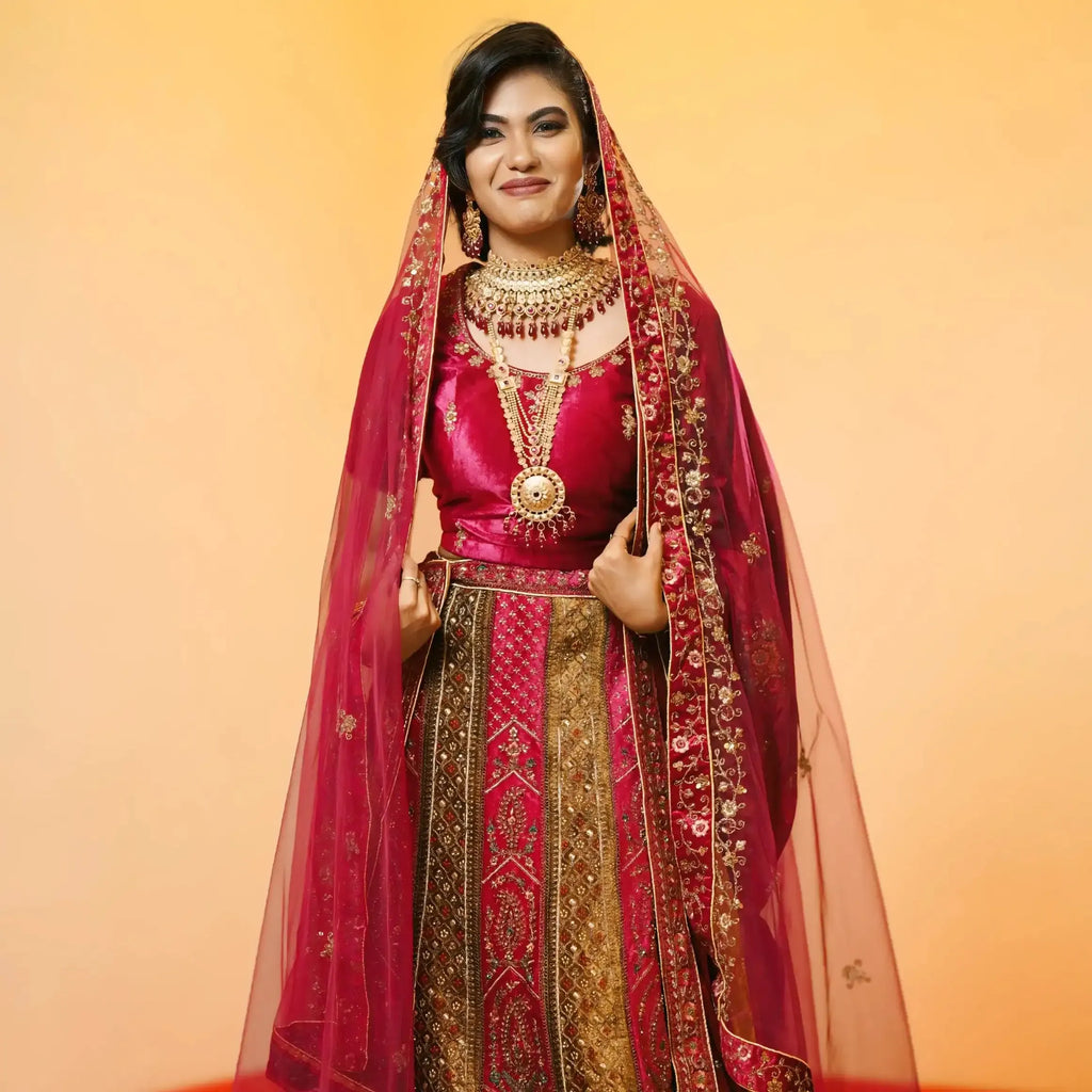 designer magenta lehenga wedding clothes rental kerala