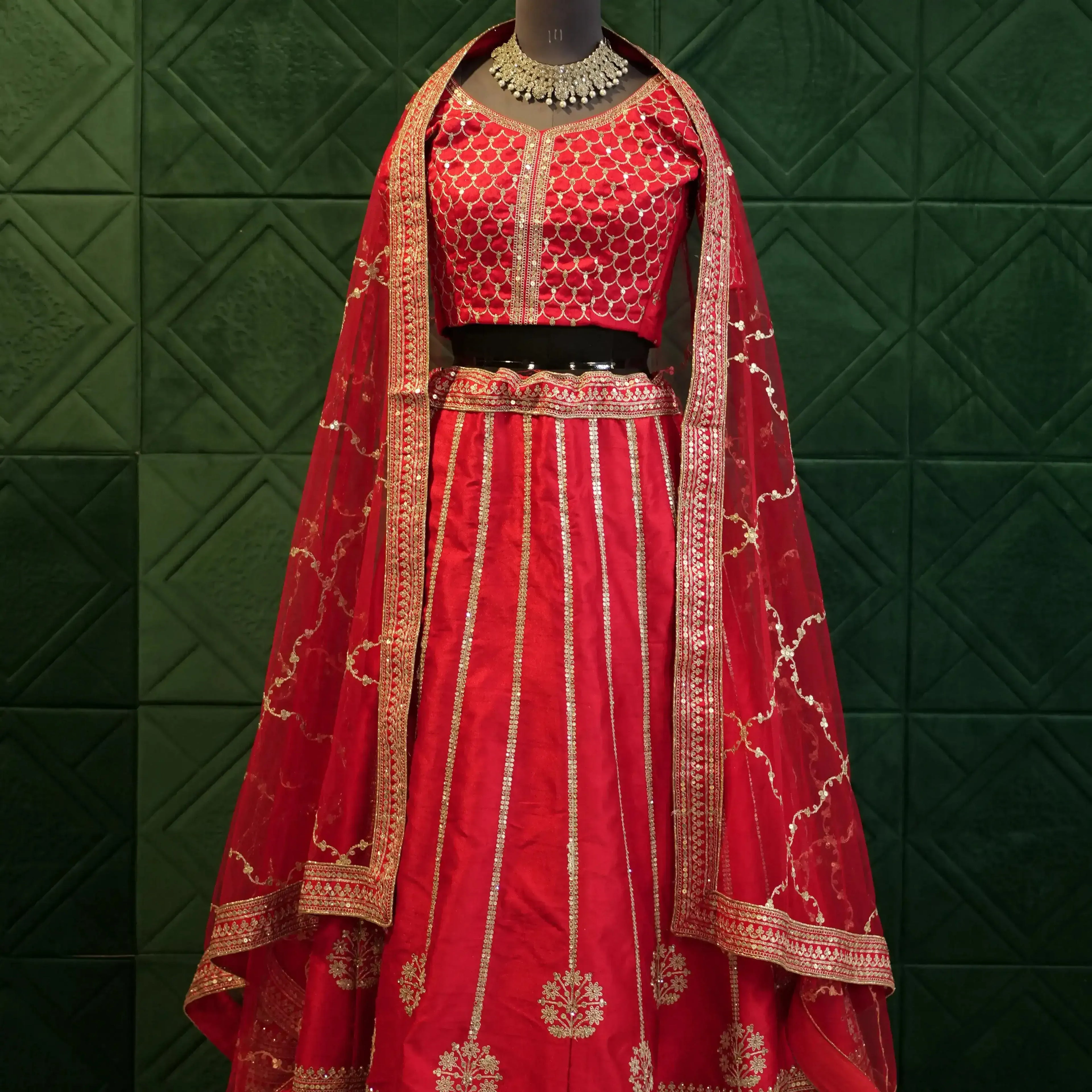 open lace back dress Sheena Red and Gold Bridal Lehenga Set M / 43