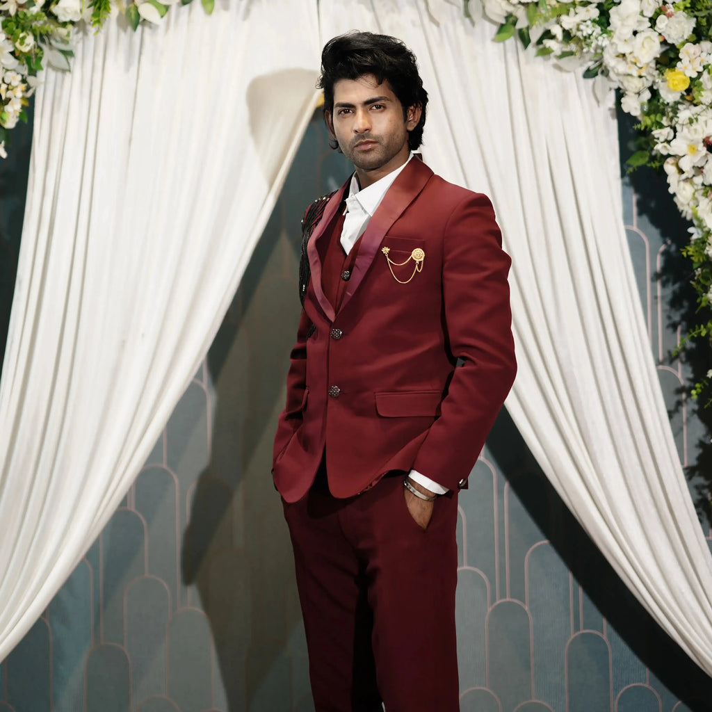 red luxury wedding tuxedo suit rental kerala
