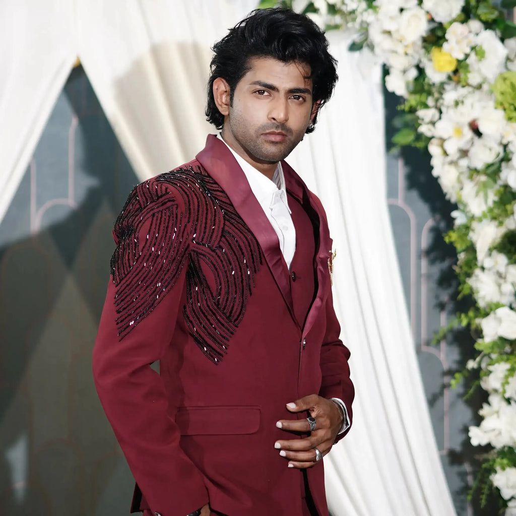 designer red groom suit for wedding rental