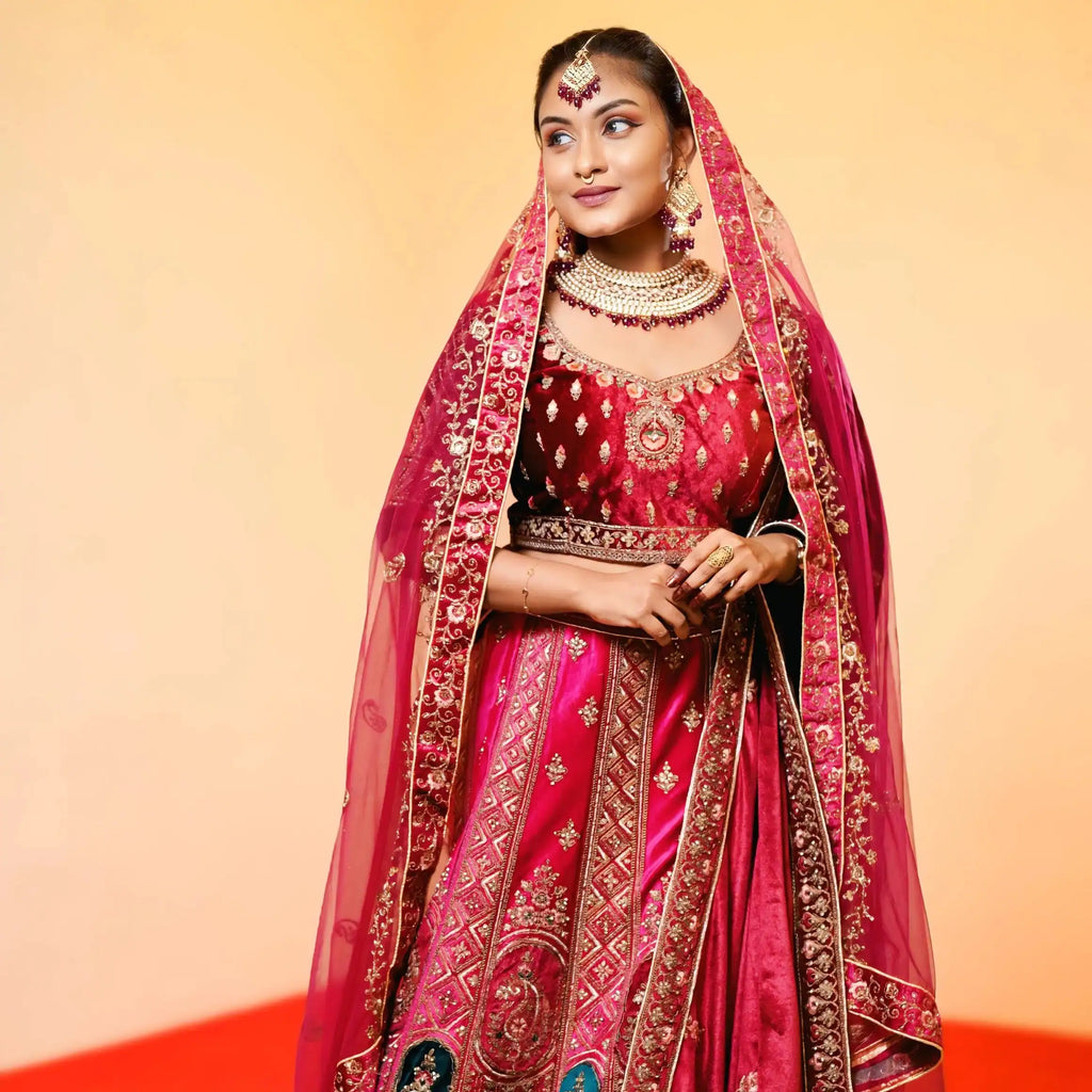 red bridal lehenga with embroidery for wedding rental kerala bride lehenga