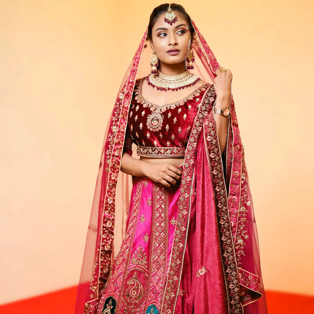 red bridal lehenga with embroidery for wedding rental kerala bride lehenga