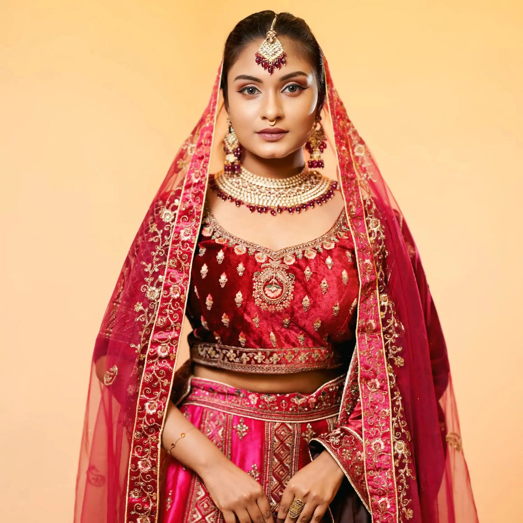 red bridal lehenga with embroidery for wedding rental kerala bride lehenga
