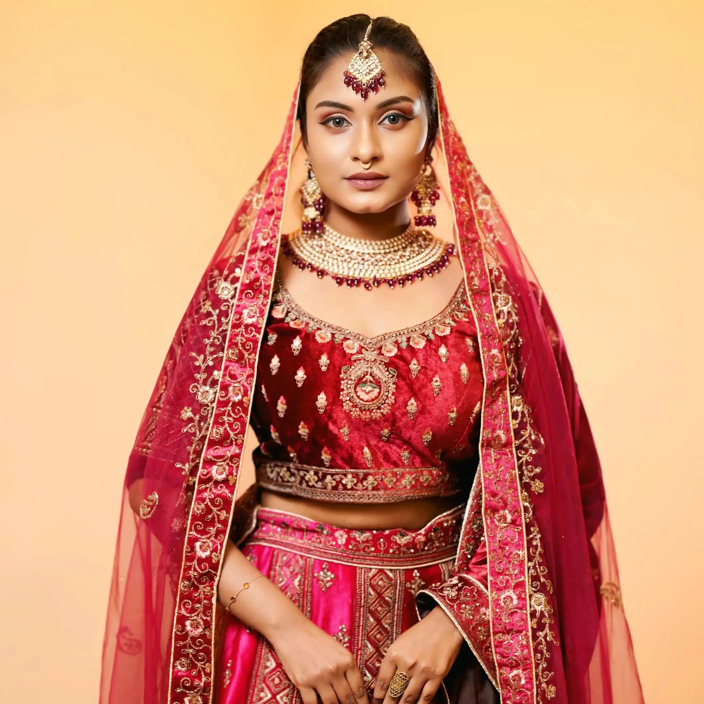 red bridal lehenga with embroidery for wedding rental kerala bride lehenga