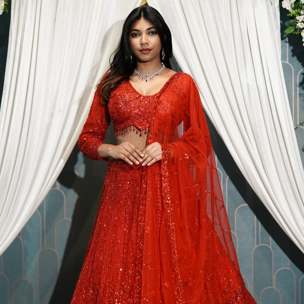 Radiant Red Sequin Designer Bridal Lehenga