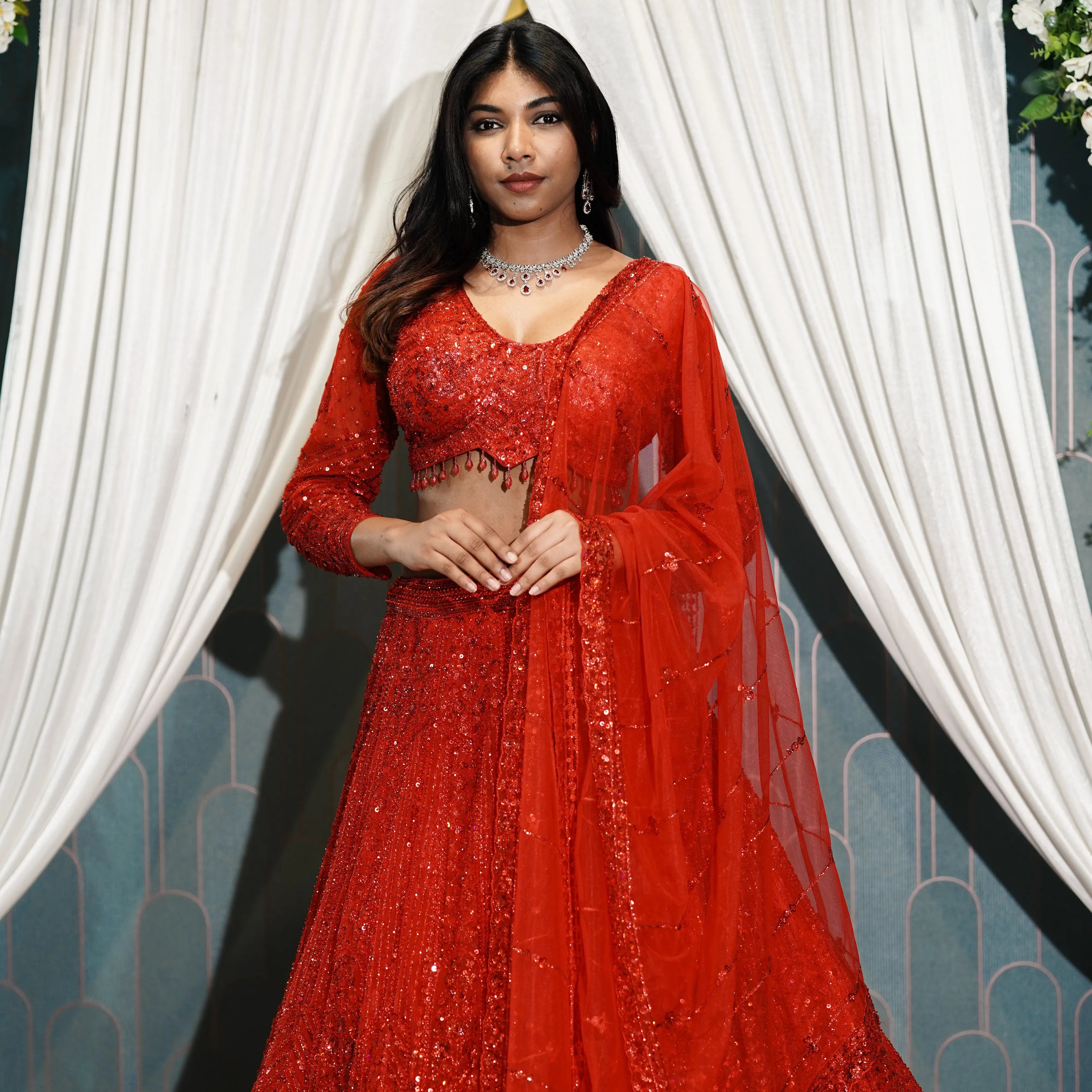 Radiant Red Sequin Designer Bridal Lehenga