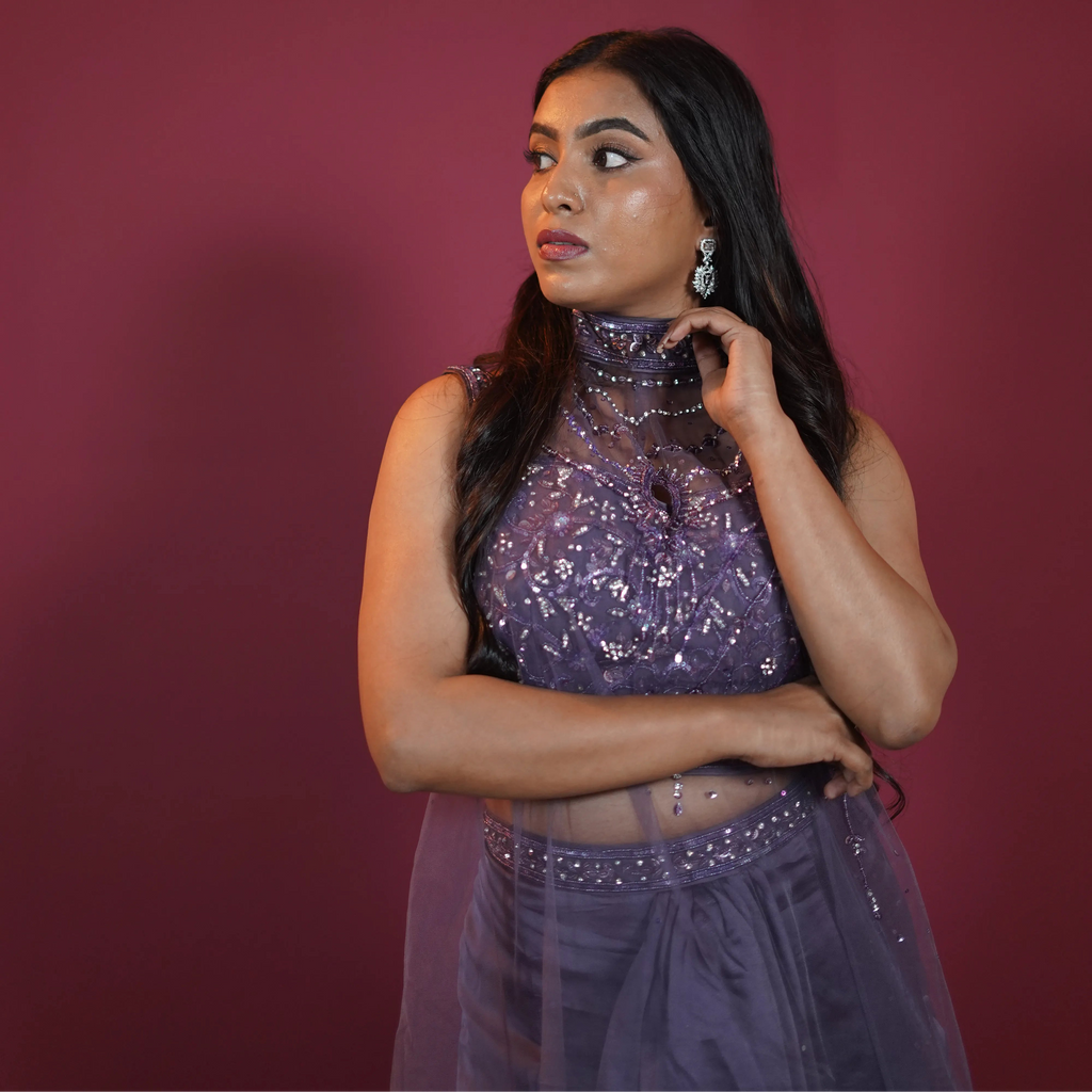 dusty lavender designer lehenga for women available at Posh Wedding Rental Kerala party wear lehenga rental