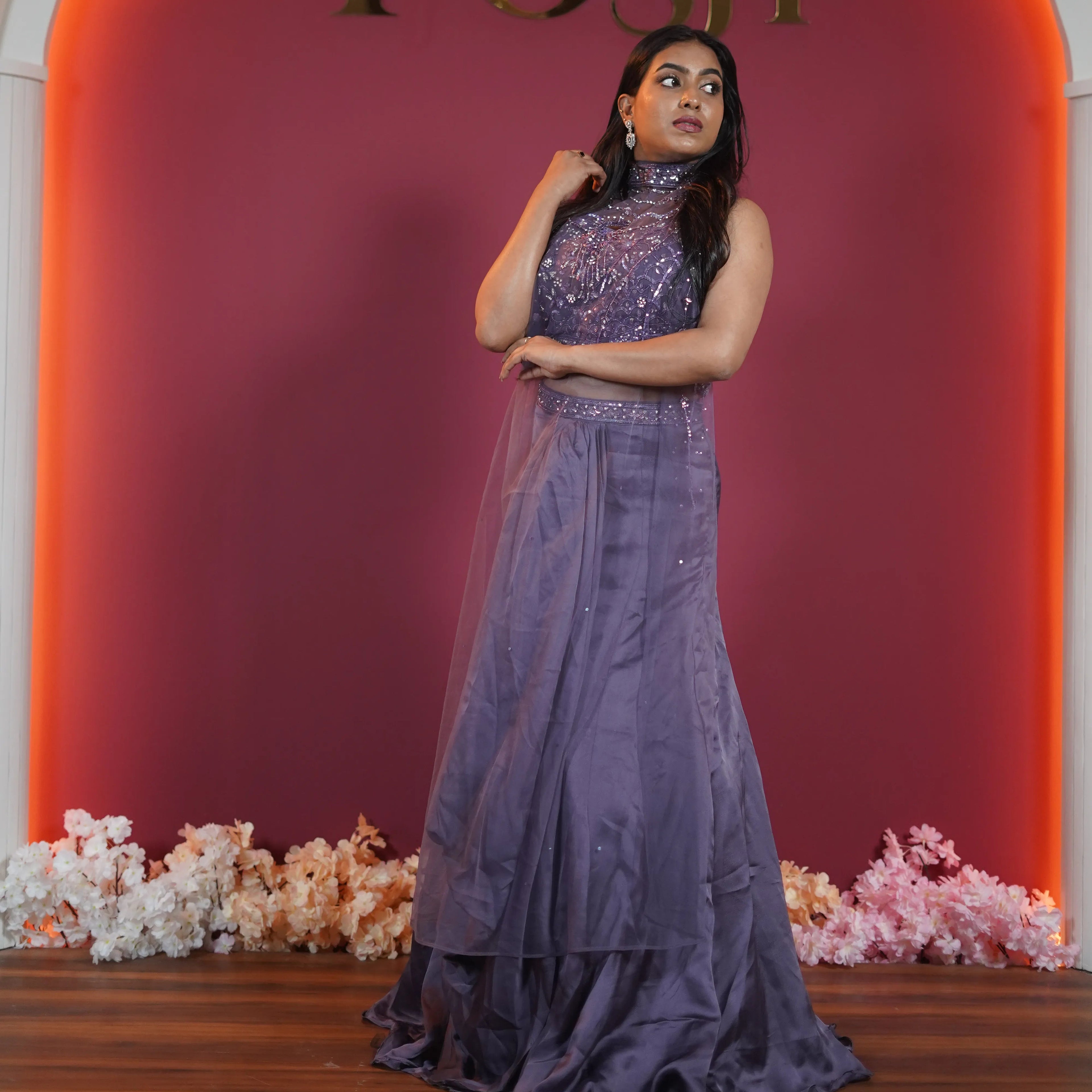 dusty lavender designer lehenga for women available at Posh Wedding Rental Kerala party wear lehenga rental